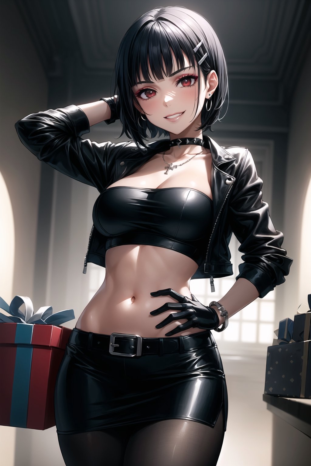 ((best quality)),  ((highly detailed)),  masterpiece,  ((official art)),  detailed face,  beautiful face,  (detailed eyes,  deep eyes),((extended_arm, presenting_gift, shopping_bag, gift_giving, front_view, gesture)),(science fiction, cyberpunk, room, dark background),((smirk, grin, naughty face, seductive smile, smug, arm behind head, hand_on_own_hip, head_tilt)),, ,cowboy shot,(lips), ,kirigaya suguha, blunt bangs, short bangs, black hair:1.3, short hair, hair ornament, hairclip,(red eyes),  cross-laced clothes, (spiked bracelet), necklace, corset, bustier, hoop earring, curvaceous, voluptuous body, navel, (makeup:1.3) (lips:1.3), (latex), (black top), (black tube top:1.2), gloves, fingerless gloves, jacket, skirt, black choker, black leather jacket, (dark jacket), belt, pencil skirt, pantyhose, open jacket, miniskirt, (black skirt), black gloves, black legwear, black choker, medium breast, conspicuous elegance, snobby, upper class elitist, possesses an arroaant charm. her Dresence commands attention and enw, (intricately detailed, hyperdetailed), blurry background, depth of field, best quality, masterpiece, intricate details, tonemapping, sharp focus, hyper detailed, trending on Artstation, 1 girl, solo, high res, official art,kirigaya suguha