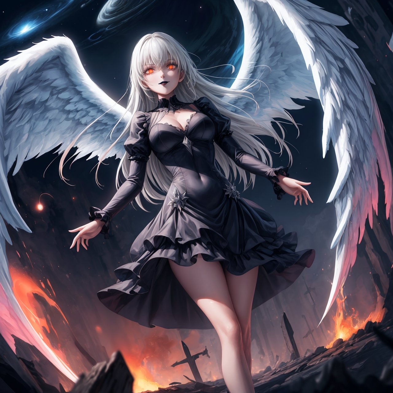 masterpiece, best quality, absurdres, 4k, 8k, uhd create fallen archangel,detailed angel wins, bloodlust, (dutch angle), hell. fire, (black wings),black dress, elizabeth, red glowy eyes, eerie, creepy, nightmarish, very bright colors, light particles, wallpaper art, ((cosmic energy)),high detailed ,evil smile, white hair, ((black lips))