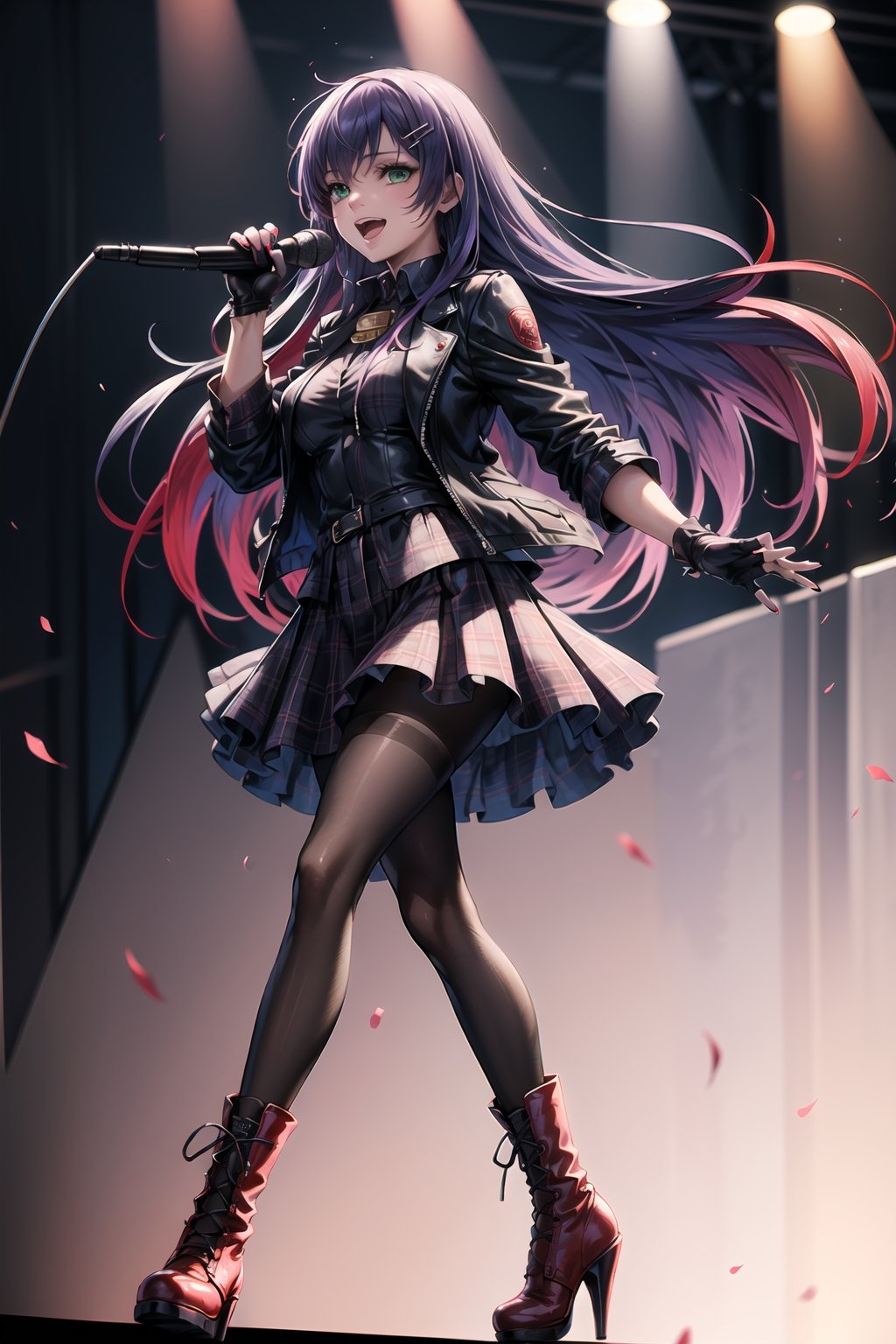 ((best quality)),  ((highly detailed)),  masterpiece,1girl, solo, smile, open mouth, skirt, shirt, hair ornament, gloves,  holding, jacket, full body, pantyhose,  boots, black gloves, hairclip, fingerless gloves, collar, two-tone hair, red hair, black jacket, plaid, black shirt, red skirt, plaid skirt, red footwear, microphone, red nails, spikes, cross-laced footwear, music, leather, holding microphone, singing, leather jacket ,(sasha, long hair, purple hair, green eyes)