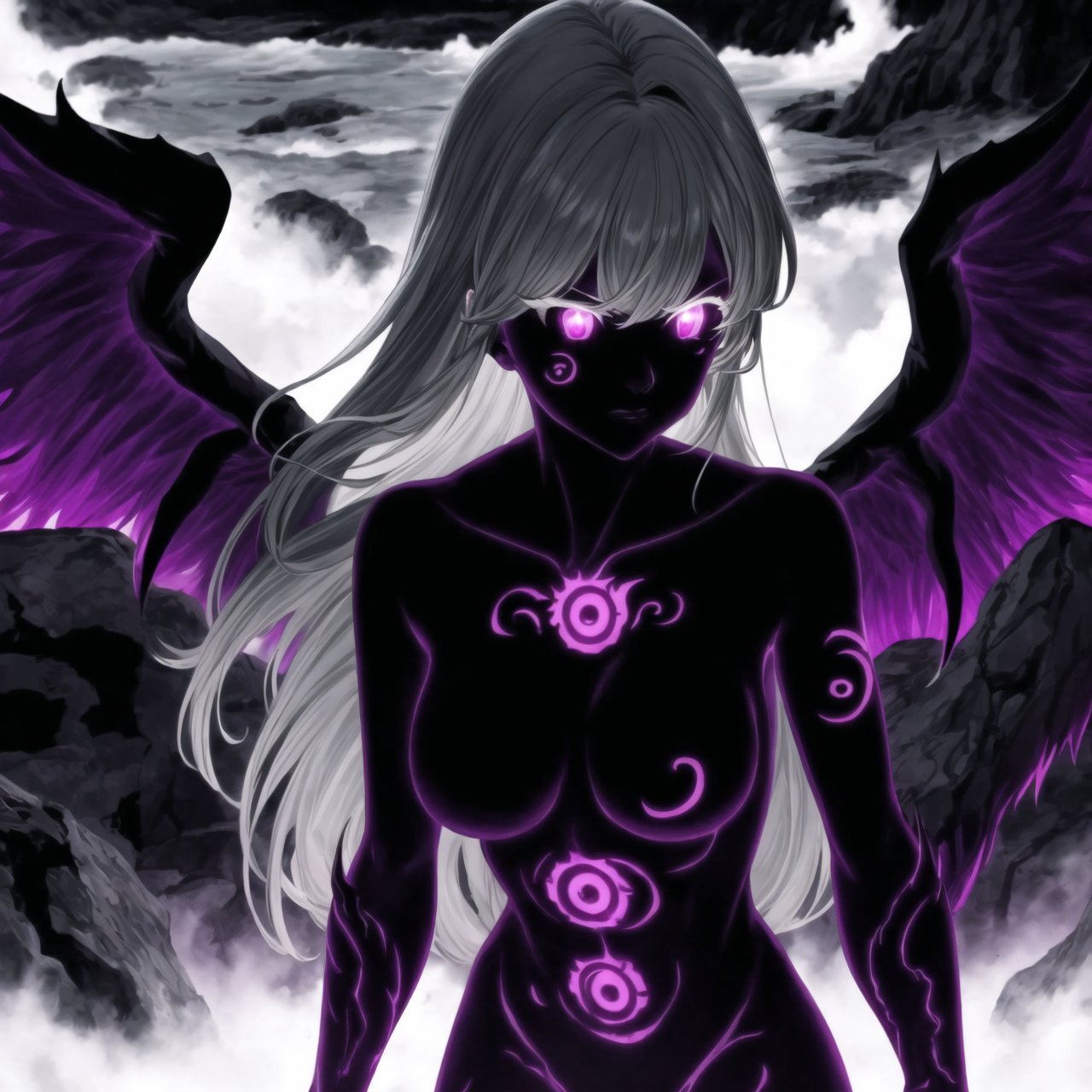 monochrome,greyscale,(tattoo,facial mark,aura,glowing,bodypaint,smoke,dark aura:1.2),1girl,long hair,medium breasts,black hair,angry,purple eyes,wings,claws,looking at viewer,nude,censored,armor,convenient censoring,Elizabeth, black hair, lips, ruler of hell, stands as a malevolent dictator, her long hair flowing like darkness itself, gradient from white to dark, framing her cold gaze. Her elaborate gown, adorned with sinister symbols and glowing red accents, reflects her dominance and cruelty. The background features a hellish landscape: rivers of lava, jagged rocks, tormented souls, and dark clouds with lightning. Eerie, red and black glows illuminate the scene, capturing the dark and oppressive atmosphere of her dominion.