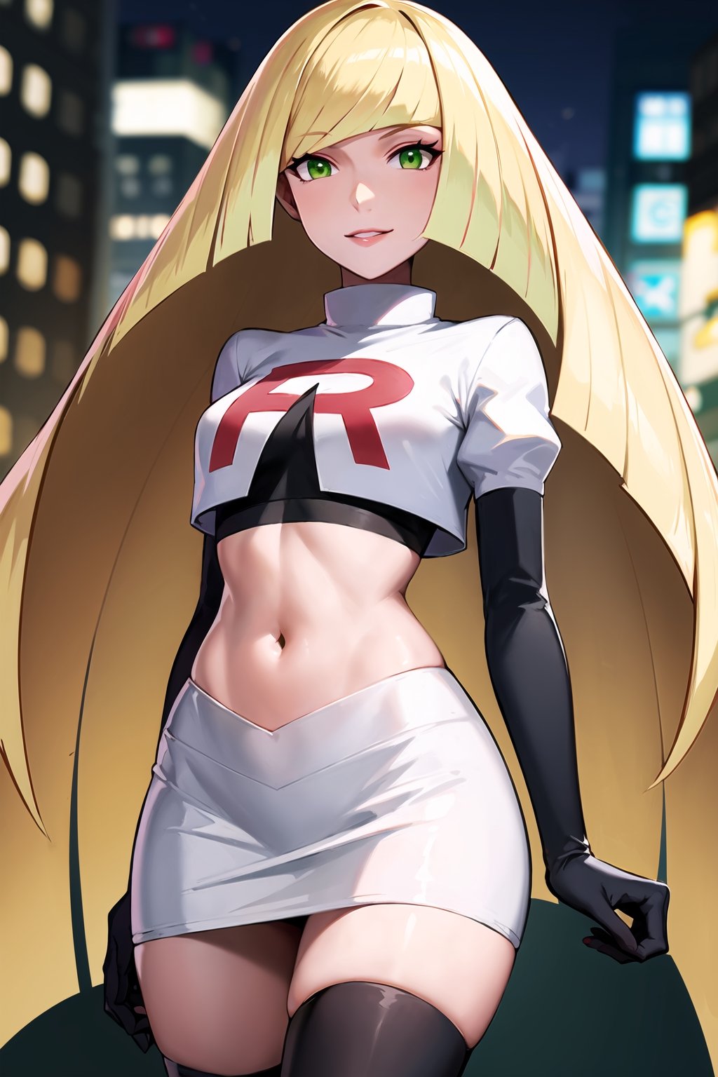 (best quality), (highly detailed), masterpiece, (official art),  ,pokemonlusamine, blonde hair, (green eyes:1.5), hair over one eye, long hair, multicolored hair, streaked hair, very long hair, posing, lips, smile, Team Rocket, cropped jacket, white jacket, crop top, jacket, gloves, black gloves, elbow gloves, navel, midriff, white skirt, miniskirt, skirt, thighhighs,, looking at viewer, china, asiática, city, night, sky, (intricately detailed, hyperdetailed), blurry background,depth of field, best quality, masterpiece, intricate details, tonemapping, sharp focus, hyper detailed, trending on Artstation,1 girl, high res, official art 