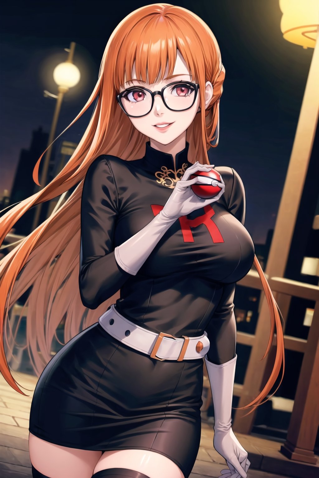 (best quality), (highly detailed), masterpiece, (official art), (dutch angle:1.2),(Persona5FutabaSakura, 1girl, solo, Orange hair, long hair, glasses), red eyes, lips, ( evil smile), lips, poke ball, poke ball (basic), holding poke ball, Grunt Team Rocket, dress, black dress, long sleeves, gloves, elbow gloves, grey belt,pencil skirt, Black thighhighs , looking at viewer, china, asiática, city, night, sky, (intricately detailed, hyperdetailed), blurry background,depth of field, best quality, masterpiece, intricate details, tonemapping, sharp focus, hyper detailed, trending on Artstation,1 girl, high res, official art