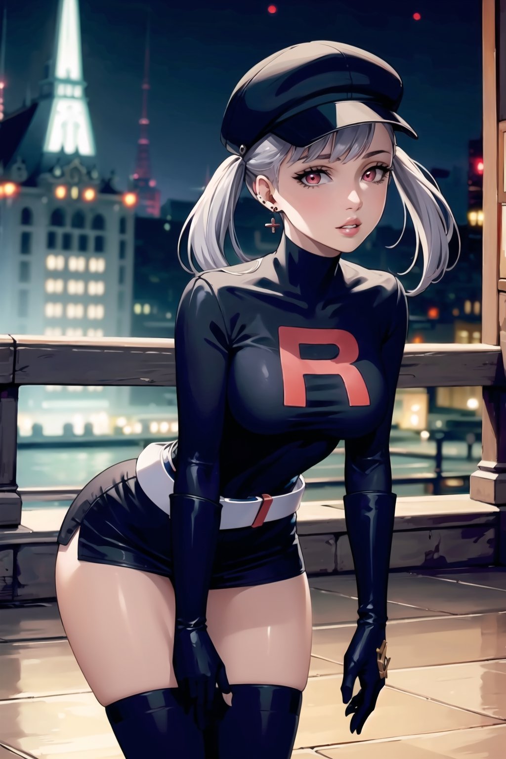 (best quality), (highly detailed), masterpiece, (official art), noelle_silva, silver hair,red eyes, twintails, bangs, earrings, jewelry, black headwear, cabbie hat, hat, ((Slouching, leaning forward)), lips, ( parted lips), ,Grunt Team Rocket, dress, black dress, long sleeves, gloves, elbow gloves, belt, grey belt, skirt, thighhighs, looking at viewer, china, asiática, city, night, sky, (intricately detailed, hyperdetailed), blurry background,depth of field, best quality, masterpiece, intricate details, tonemapping, sharp focus, hyper detailed, trending on Artstation,1 girl, high res, official art,Slouching