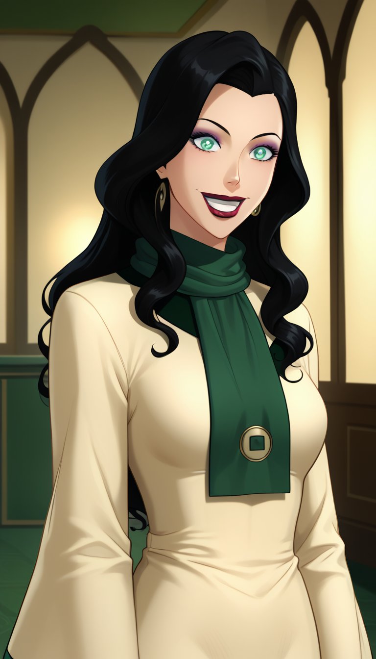 score_9, score_8_up, score_7_up, intricate details,1girl, Long hair, black hair, lipstick, asami,, indoors,joo dee, dress, scarf, hair ornament, grin, smile, lips, joo dee,  full body,long dress, green scarf, beige dress, teeth,makeup,wide-eyes, eyeshadow