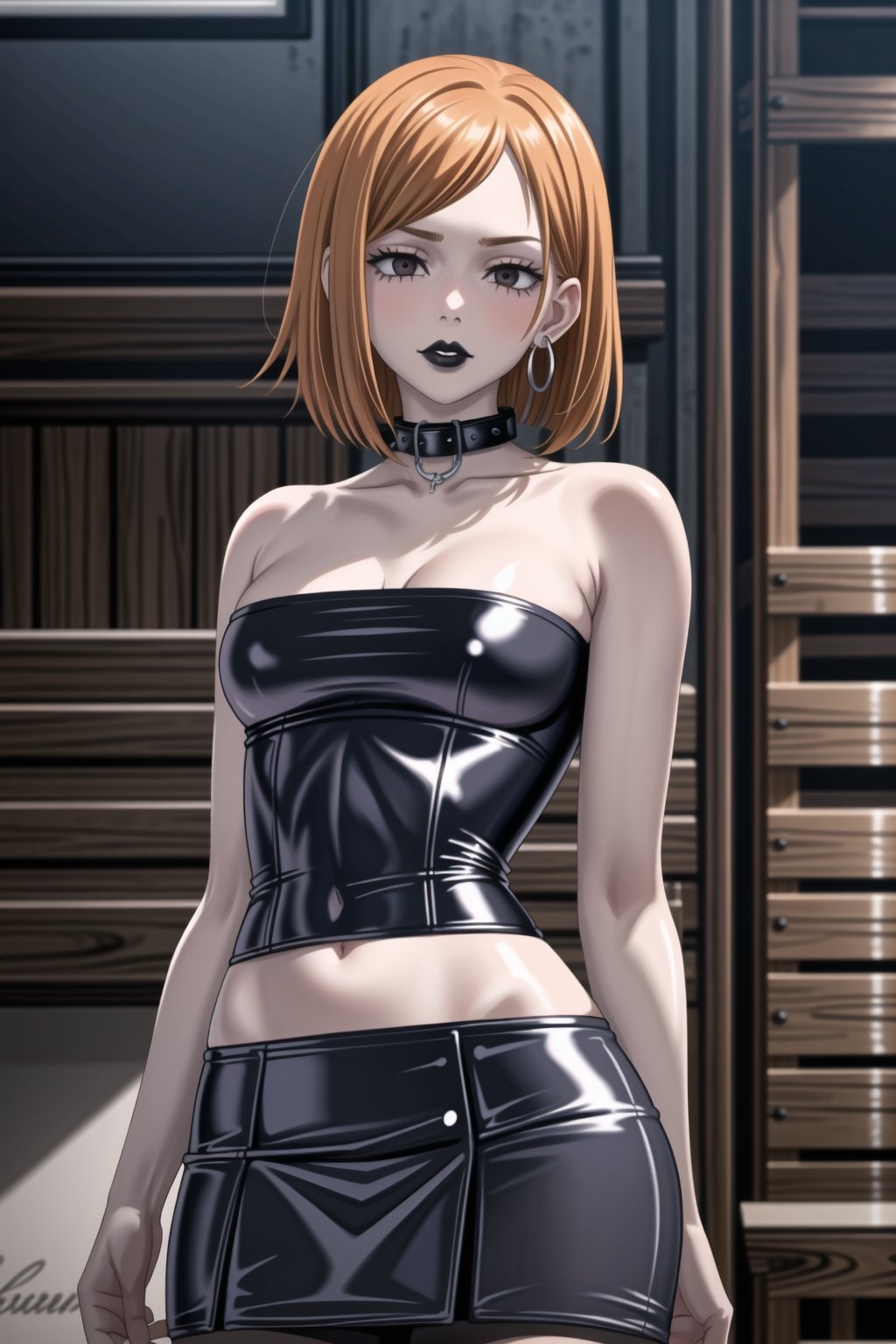 ((best quality)), ((highly detailed)), masterpiece, (Black lips:1.4), ((official art)), detailed face, beautiful face, nobara kugisaki, brown hair, Orange hair, black eyes,(lips), 1girl, solo,  looking at viewer, earrings, jewelry, blush, collarbone, jewlery, ((miniskirt)),(latex:1.4), navel, (black tank top), ((strapless:1.2)), pleated skirt, ,  (intricately detailed, hyperdetailed), blurry background, depth of field, best quality, masterpiece, intricate details, tonemapping, sharp focus, hyper detailed, trending on Artstation, 1 girl, solo, high res, official art ,collar,b1mb0,StandingAtAttention,empty 
eyes,RockOfSuccubus,,<lora:659111690174031528:1.0>