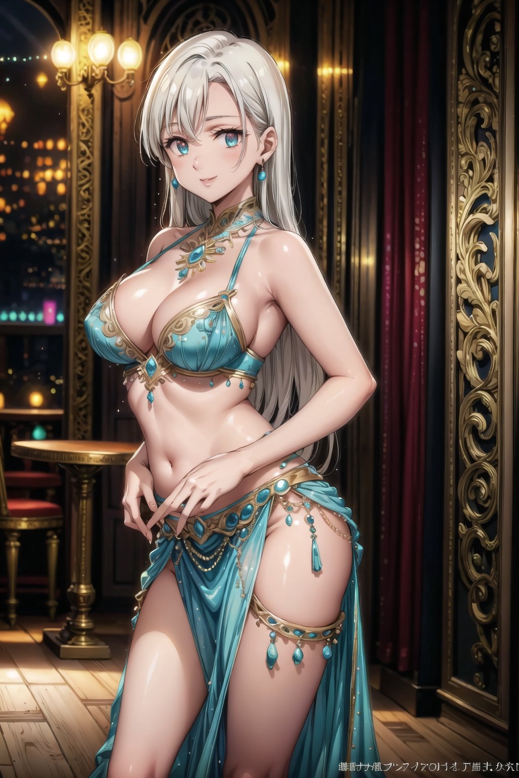 ((best quality)),  ((highly detailed)),  masterpiece,  ((official art)),  ,elizabeth, long hair,white hair, long hair, belly dance, belly dance clothes, provocative look, provocative smile, naughty, nightclub scene, neon lights, belly dance, best quality,  intricately detailed,  hyperdetailed,  blurry background, depth of field,  best quality,  masterpiece,  intricate details,  tonemapping,  sharp focus,  hyper detailed,  trending on Artstation, 1 girl,  high res,  official art,fantasy00d,night club,high heels,face_veil