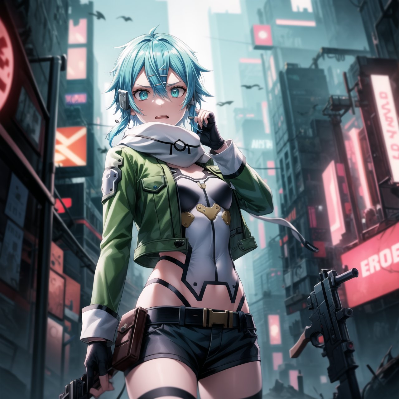 ((best quality)),  masterpiece, sinon1,(surprised:1.3), (scary:1.3), 
lips, , ((sinon1, cyberpunk, hair ornament, hairclip)), (( pose)),1girl,  bangs, belt pouch, black gloves, black shorts, blue eyes, blue hair,fingerless gloves, green jacket, green legwear, gun, hair between eyes, hair ornament, hairclip, highres, jacket, long sleeves, outdoors,  handgun, scarf, shadow, short hair, short hair with long locks, short shorts, shorts, sidelocks, sinon, pistol, solo,, sword art online, weapon, , fingerless gloves,
Anime illustration, post-apocalyptic cyberpunk setting, cowboy shot:1.3. 

The background features a ruined cityscape with neon signs, broken buildings, and flickering lights, enhancing the cyberpunk atmosphere. The scene is lit with a mix of neon glows and dark shadows, emphasizing the chaotic and dystopian environment.