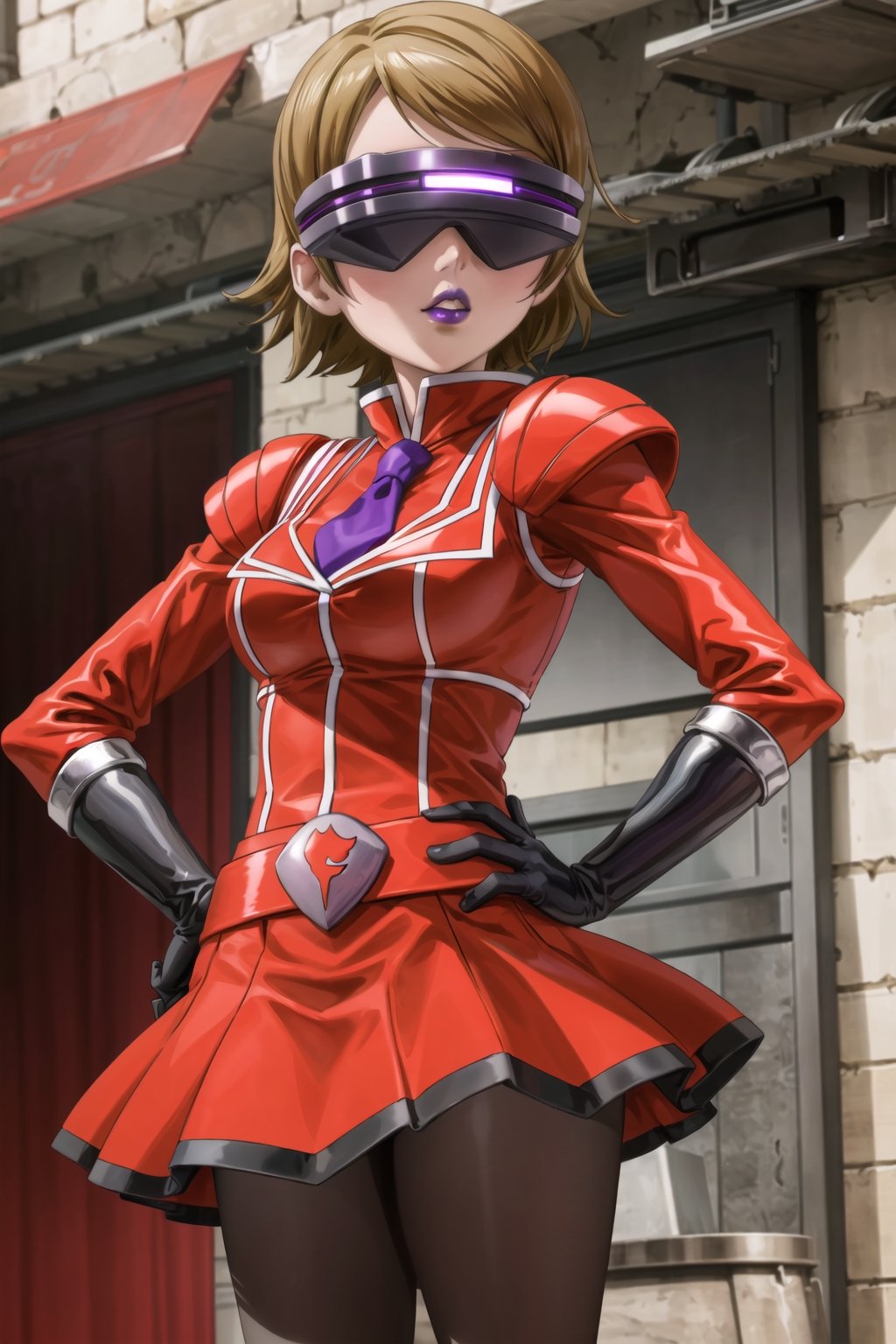 (best quality), (highly detailed), masterpiece, (official art),hanayo koizumi, brown hair, short hair, mature_female, 1girl, solo, ((head-mounted display)), ((purple lips:1.2)), (team flare:1.2),  gloves,((armor, juliet_sleeves:1.2)), long_sleeves , pleated skirt,  necktie, red dress, belt, red dress, (pantyhose, red footwear1.2), (lips:1.2), ((arms at sides)),, cowboy shot, looking at viewer, indoors, blurry background,depth of field, best quality, masterpiece, intricate details, tonemapping, sharp focus, hyper detailed, trending on Artstation, hand on hip