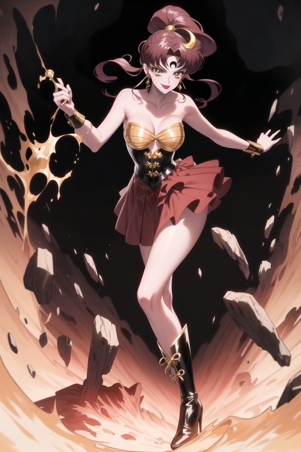 (best quality), (highly detailed), masterpiece, (official art), hmjupiter, green eyes, ponytail, brown hair, makeup, ((forehead mark, crescent facial mark, black crystal earrings)), aged up, evil smile, lips, lipstick, posing, anime coloring, ((Brunette Wig, Gold Bow, Black Crystal Earrings, Black Marker for Crescent, Gold Bustier, Gold Wrist Cuffs, Red Pleated Skirt, Gold Boots, Whip)), , A dark and mysterious female character inspired by the style of classic anime. She has an evil face with an evil smile, giving her an imposing and intimidating presence. The overall atmosphere is dark and mysterious, with a sense of power and control emanating from her posture.