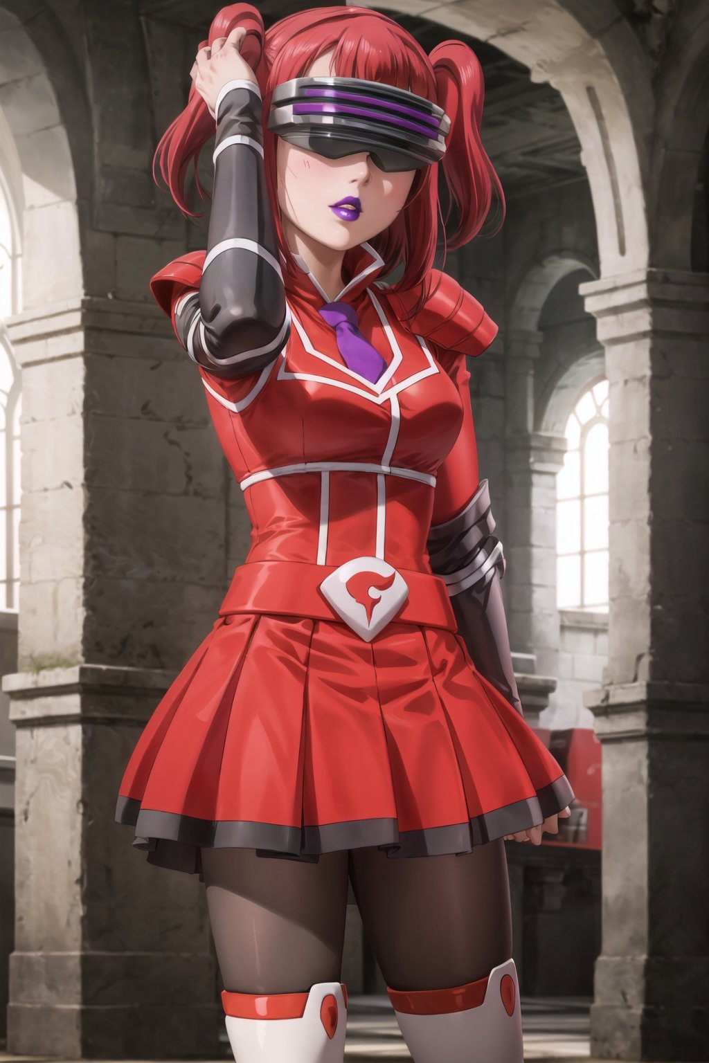 (best quality), (highly detailed), masterpiece, (official art),ruby kurosawa, two side up, red hair, medium hair, , mature_female, 1girl, solo, ((head-mounted display)), ((purple lips:1.2)), (team flare:1.2),  gloves,((armor, juliet_sleeves:1.2)), long_sleeves , pleated skirt,  necktie, red dress, belt, red dress, (pantyhose, red footwear1.2), (lips:1.2), ((arms at sides)),, cowboy shot, looking at viewer, indoors, blurry background,depth of field, best quality, masterpiece, intricate details, tonemapping, sharp focus, hyper detailed, trending on Artstation, salute, 