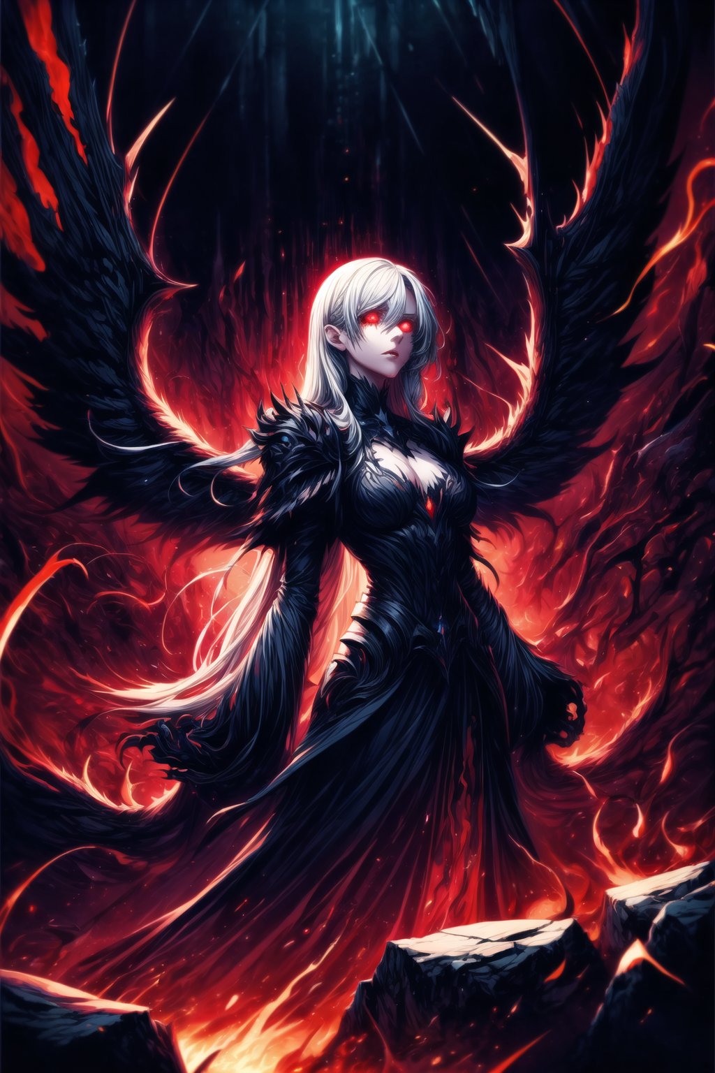 Elizabeth, white hair,hair_over_eye ,lips, ruler of hell, black wings,darkness wings,wings,demon wings,stands as a malevolent dictator, her long hair flowing like darkness itself, gradient from white to dark, framing her cold gaze. Her elaborate gown, adorned with sinister symbols and glowing red accents, reflects her dominance and cruelty. The background features a hellish landscape: rivers of lava, jagged rocks, tormented souls, and dark clouds with lightning. Eerie, red and black glows illuminate the scene, capturing the dark and oppressive atmosphere of her dominion.,shadow