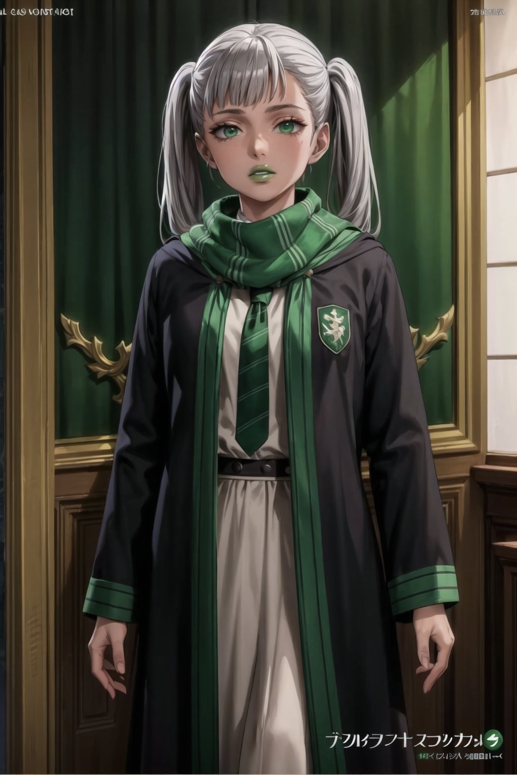 (best quality), (highly detailed), masterpiece, (official art),noelle_silva, twintails, bangs, silver hair , light green eyes, , hogrobe, (black robe,slytherin), green tie, hogscarf, magic, (green lips), (lips), (best quality), (highly detailed), masterpiece, (official art), green eyes
