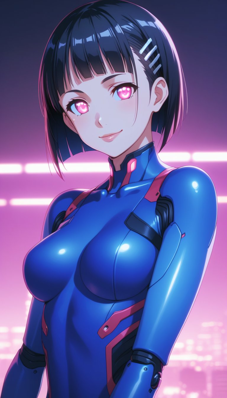 score_9, score_8_up, score_7_up, intricate details, suguha, short hair, black hair, bob cut, hairclip, hair ornament, blunt bangs, lips, smile, pose, bodysuit, cowboy shot, angle, femobt,Remodeling, pink eyes, blue eyes, glowing eyes, android, barcode,blue lips,,StandingAtAttention,cyberpunk