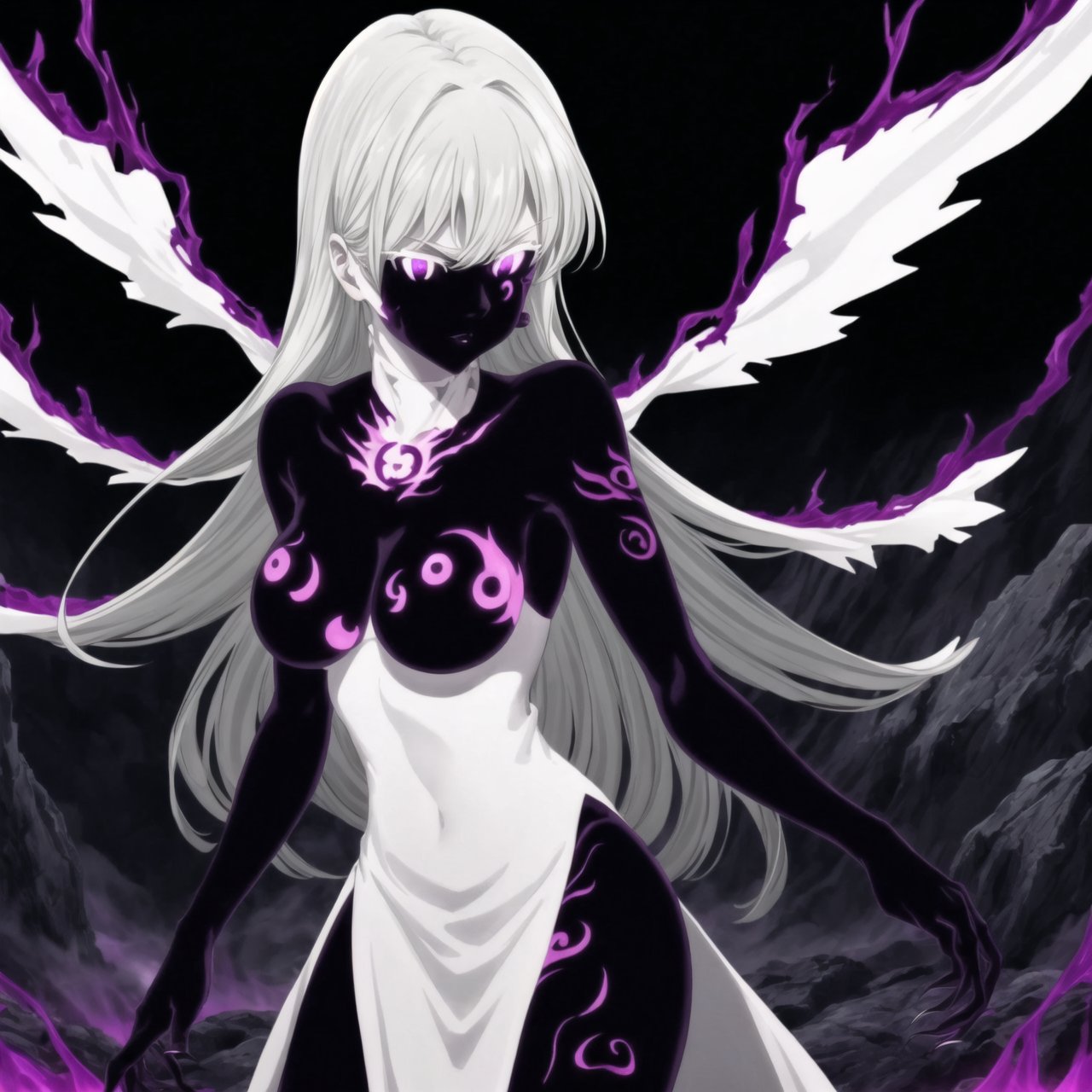 monochrome,greyscale,(tattoo,facial mark,aura,glowing,bodypaint,smoke,dark aura:1.2),1girl,long hair,medium breasts,black hair,angry,purple eyes,wings,claws,looking at viewer,nude,censored,armor,convenient censoring,Elizabeth, black hair, lips, ruler of hell, stands as a malevolent dictator, her long hair flowing like darkness itself, gradient from white to dark, framing her cold gaze. Her elaborate gown, adorned with sinister symbols and glowing red accents, reflects her dominance and cruelty. The background features a hellish landscape: rivers of lava, jagged rocks, tormented souls, and dark clouds with lightning. Eerie, red and black glows illuminate the scene, capturing the dark and oppressive atmosphere of her dominion.