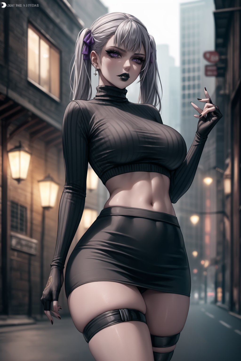 ((best quality)), ((highly detailed)), masterpiece, ((official art)), detailed face, beautiful face, (detailed eyes, deep eyes), seductive posing, (cowboy shot),noelle_silva,silver hair,twintails,bangs,purple eyes,  (sexy:1.3),   (makeup, black lips:1.3),( pale white skin, very white skin, goth, long eyelashes), medium to big breasts, black gloves, black skirt:1.2, closed mouth, cowboy shot, ((black turtleneck, black crop top)), hoop earrings, fingerless gloves, gloves, highres, jewelry, , midriff, miniskirt, navel, pencil skirt, skirt, solo, standing, stomach, striped, striped bow, thigh strap, city street, nighttime, intricately detailed, hyperdetailed, blurry background, depth of field, best quality, masterpiece, intricate details, tonemapping, sharp focus, hyper detailed, trending on Artstation, 1 girl, high res, official art,