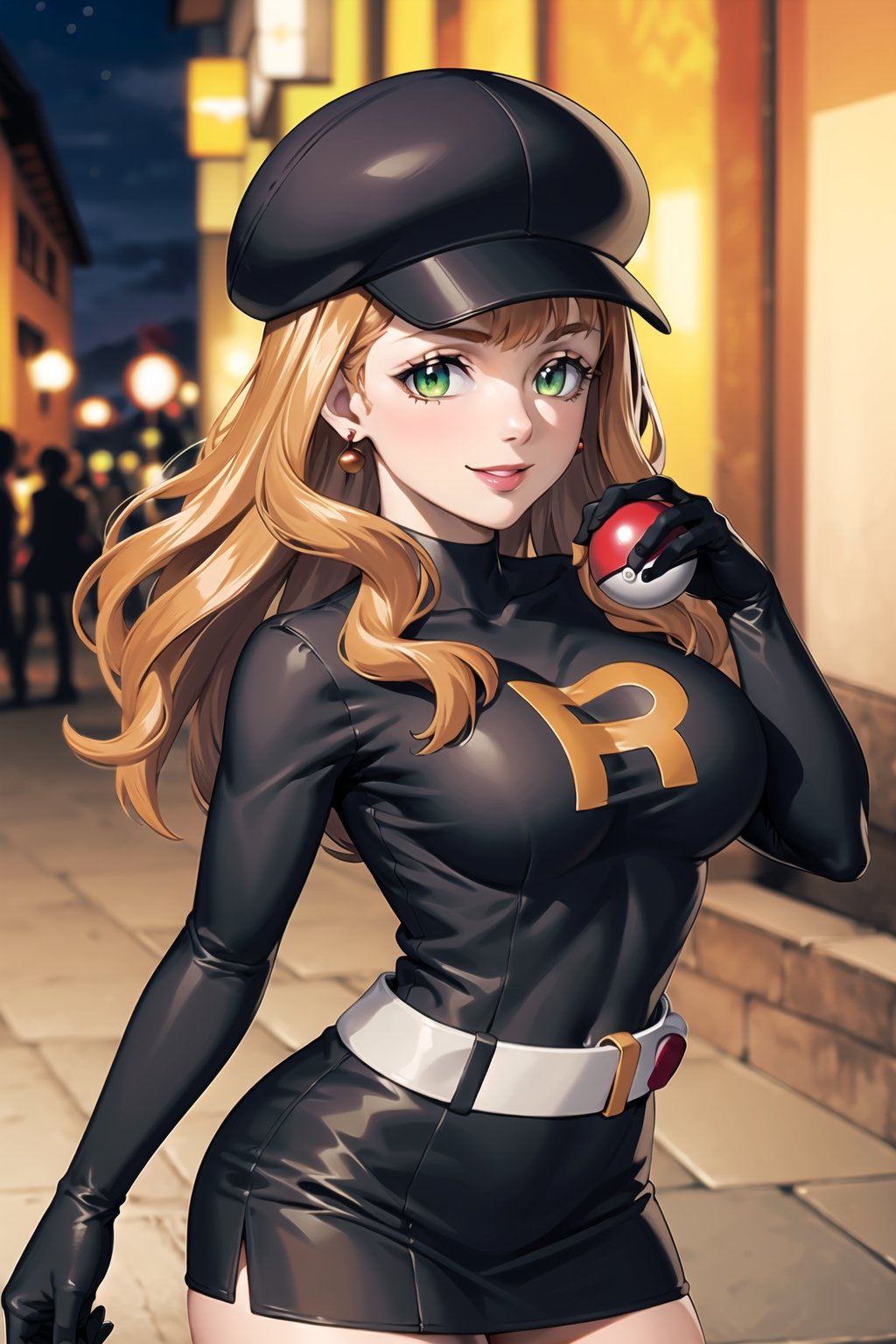 (best quality), (highly detailed), masterpiece, (official art), mimosa vermillion, Orange hair, green eyes, red earrings, poke ball, poke ball (basic), holding poke ball, black headwear, cabbie hat, hat, posing, lips, ( evil smile), ,Grunt Team Rocket, dress, black dress, long sleeves, gloves, elbow gloves, belt, grey belt, skirt, thighhighs, looking at viewer, china, asiática, city, night, sky, (intricately detailed, hyperdetailed), blurry background,depth of field, best quality, masterpiece, intricate details, tonemapping, sharp focus, hyper detailed, trending on Artstation,1 girl, high res, official art,