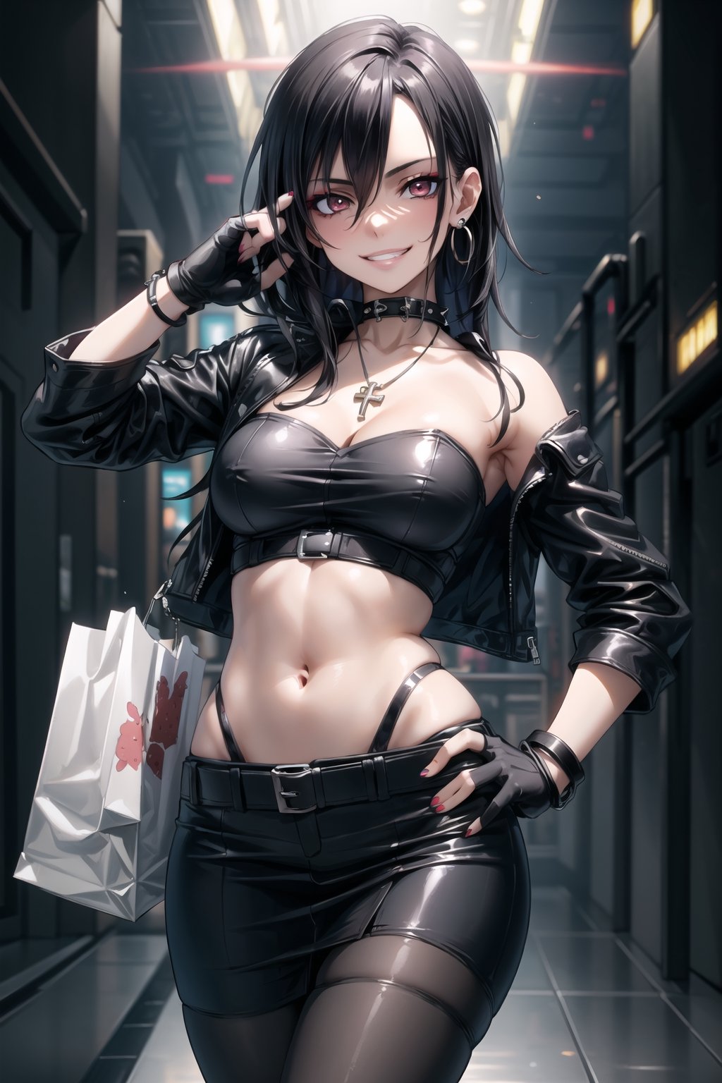 ((best quality)),  ((highly detailed)),  masterpiece,  ((official art)),  detailed face,  beautiful face,  (detailed eyes,  deep eyes),((extended_arm, presenting_gift, shopping_bag, gift_giving, front_view, gesture)),(science fiction, cyberpunk, room, dark background),((smirk, grin, naughty face, seductive smile, smug, arm behind head, hand_on_own_hip, head_tilt)),, ,cowboy shot,(lips), ,kirito_ggo, long hair, hair_between_eyes, black hair,  (red eyes),  cross-laced clothes, (spiked bracelet), necklace, corset, bustier, hoop earring, curvaceous, voluptuous body, navel, (makeup:1.3) (lips:1.3), (latex), (black top), (black tube top:1.2), gloves, fingerless gloves, jacket, skirt, black choker, black leather jacket, (dark jacket), belt, pencil skirt, pantyhose, open jacket, miniskirt, (black skirt), black gloves, black legwear, black choker, medium breast, conspicuous elegance, snobby, upper class elitist, possesses an arroaant charm. her Dresence commands attention and enw, (intricately detailed, hyperdetailed), blurry background, depth of field, best quality, masterpiece, intricate details, tonemapping, sharp focus, hyper detailed, trending on Artstation, 1 girl, solo, high res, official art