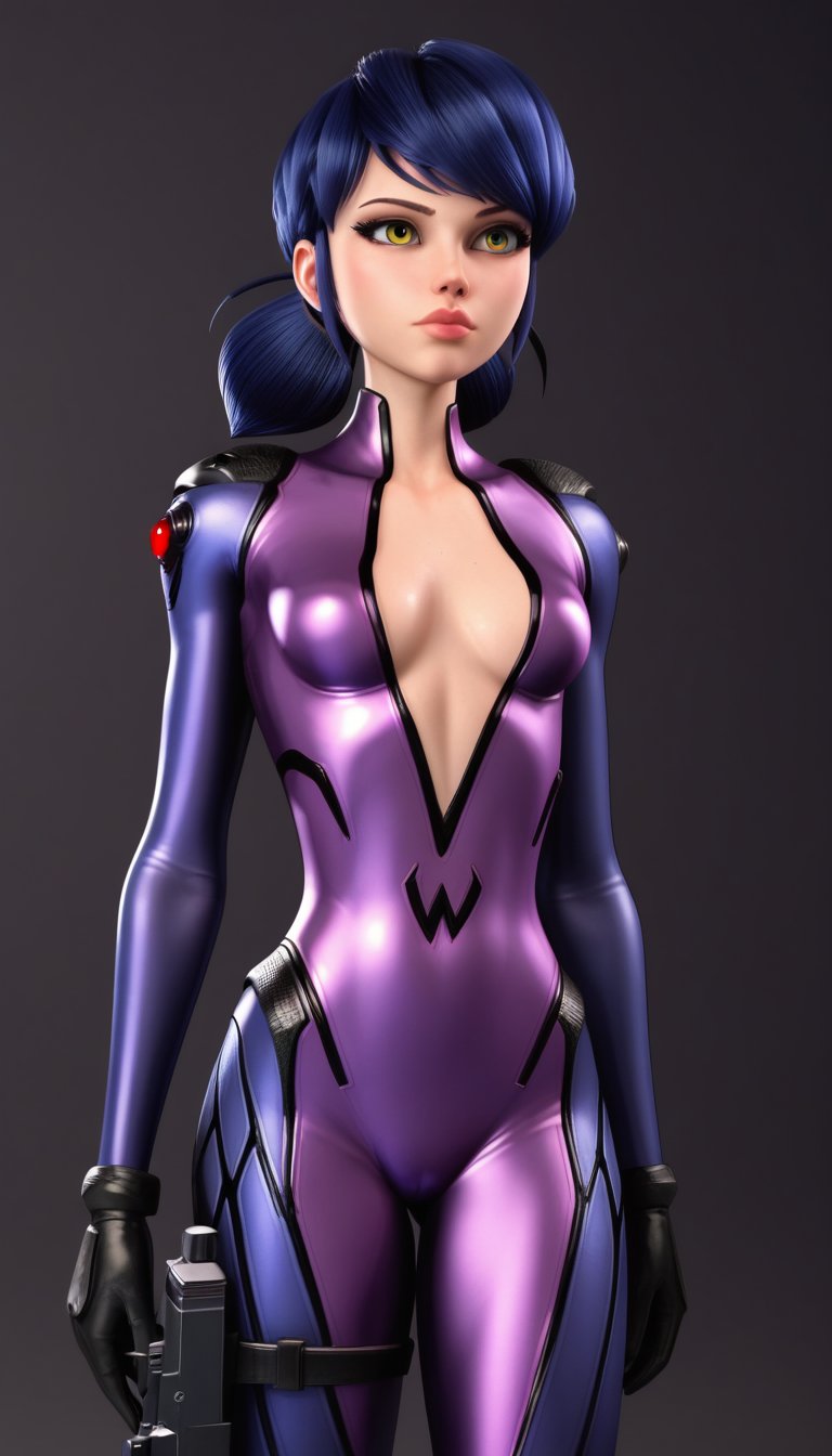 score_9, score_8_up, score_7_up,marinetteBug, blue hair, standing, lips ,standing, purple bodysuit, revealing chest, combat sniper visor, black gloves,  advanced combat suit,  futuristic sniper,metallic purple suit, torso exposed,, black combat gear, long black gloves, high-tech bodysuit,widowsuit, tattoo, arm tattoo