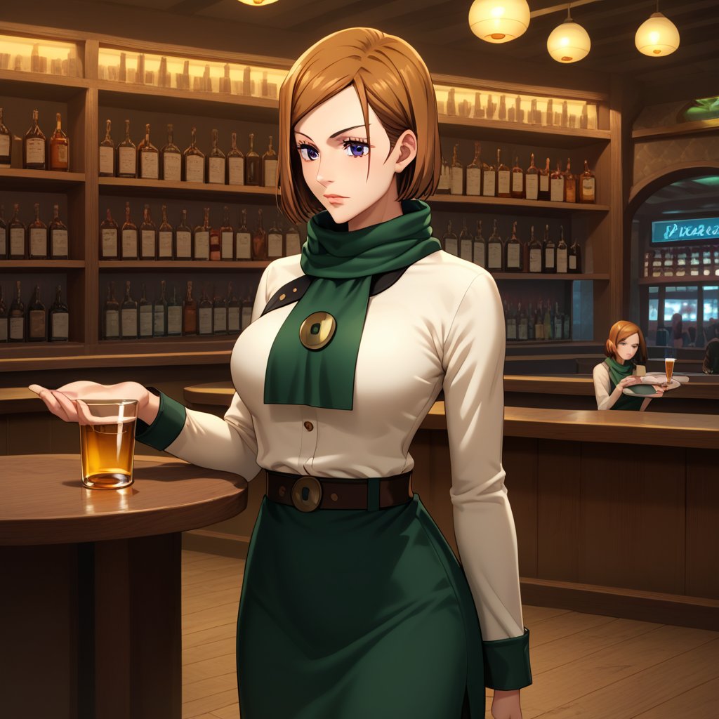 score_9, score_8_up, score_7_up, intricate details,1girl,  closed mouth, lips joo dee, dress, scarf, hair ornament, holding tray:1.2, tray, alcohol, dutch angle, bar, cowboy shot:1.2, bar, table, customers, kugisaki nobara, brown hair,