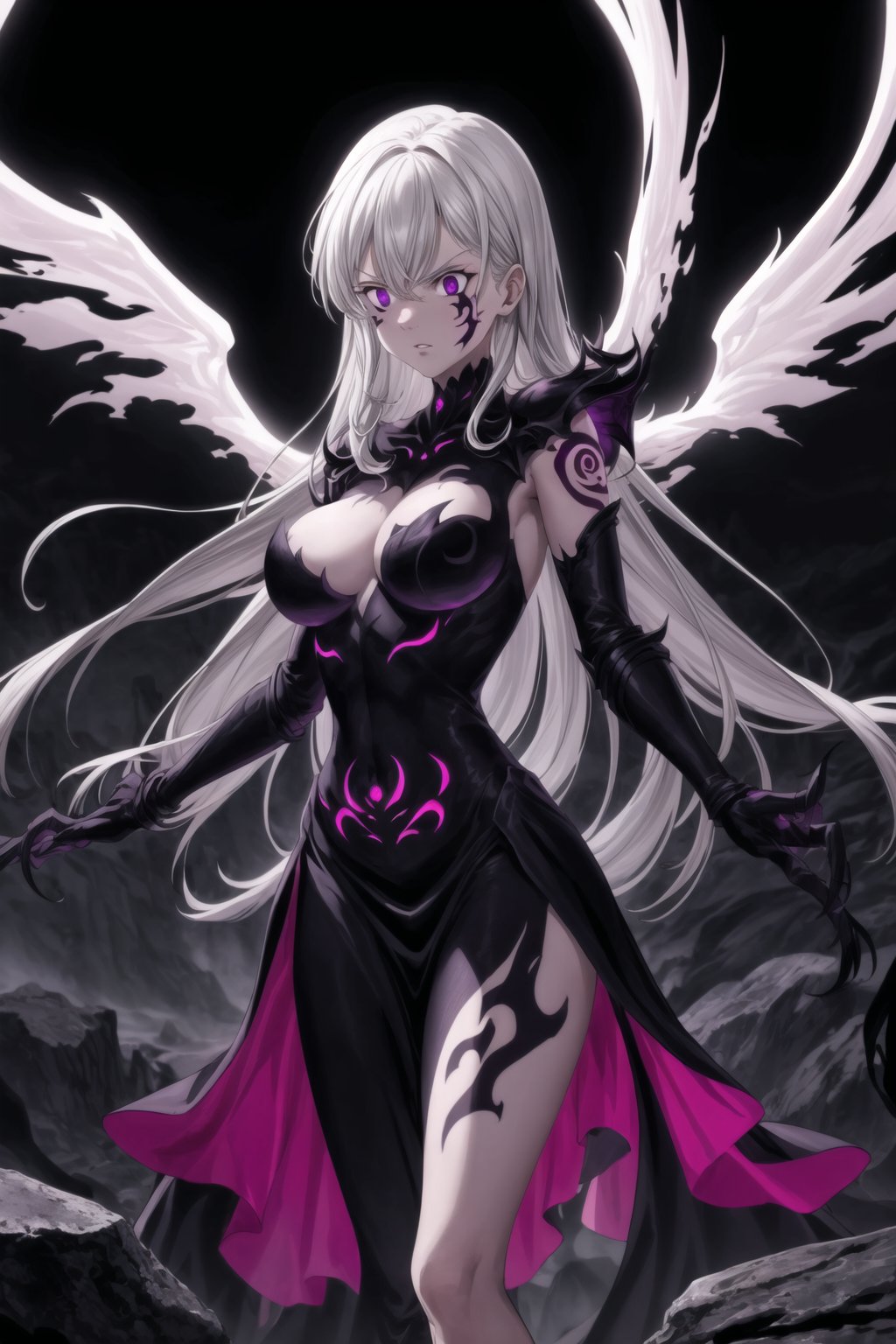 monochrome,greyscale,(tattoo,facial mark,aura,glowing,bodypaint,smoke,dark aura:1.2),1girl,long hair,medium breasts,black hair,angry,purple eyes,wings,claws,looking at viewer,nude,censored,armor,convenient censoring,Elizabeth, black hair, lips, ruler of hell, stands as a malevolent dictator, her long hair flowing like darkness itself, gradient from white to dark, framing her cold gaze. Her elaborate gown, adorned with sinister symbols and glowing red accents, reflects her dominance and cruelty. The background features a hellish landscape: rivers of lava, jagged rocks, tormented souls, and dark clouds with lightning. Eerie, red and black glows illuminate the scene, capturing the dark and oppressive atmosphere of her dominion.