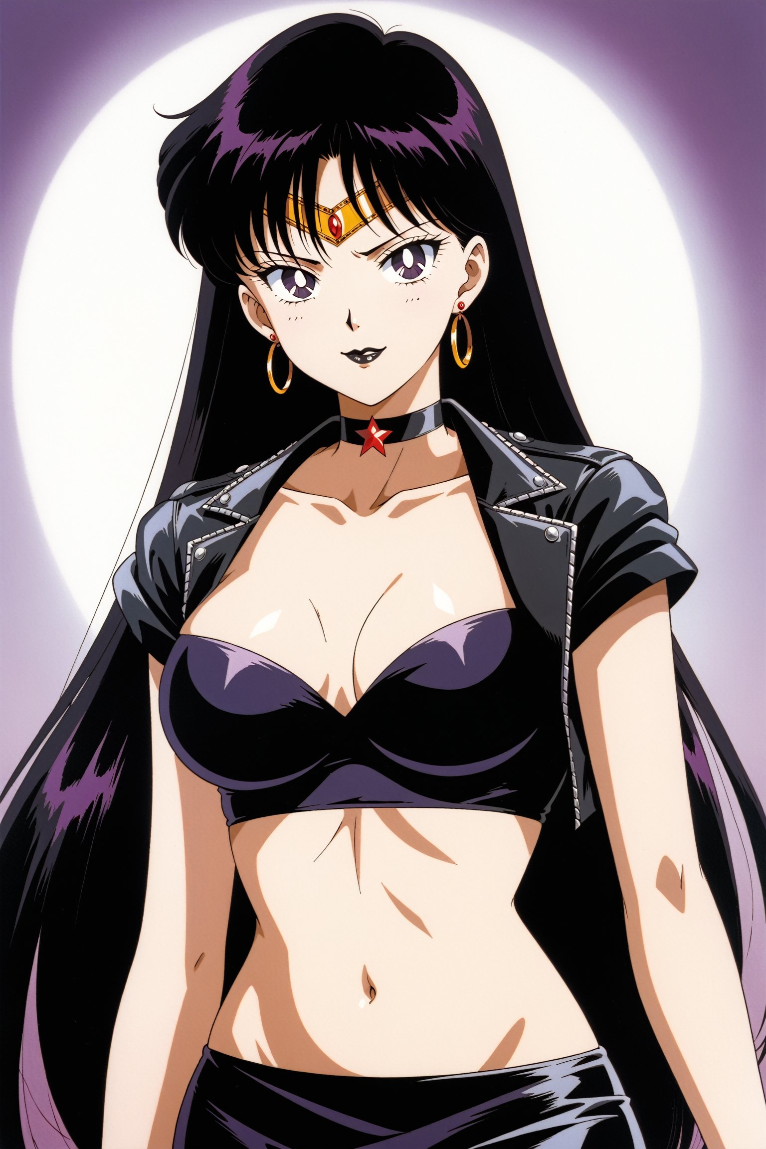 (masterpiece, best quality, very aesthetic, ultra detailed), lips, black lips:1.2, evil smile, evil, villain, corrupted, dark persona,intricate details, 4k, aamars, long hair, black hair,, black gloves, black jacket:1.2, black skirt:1.2, breasts, cleavage, closed mouth, collarbone, cowboy shot, ((black crop top)), hoop earrings, fingerless gloves, gloves, highres, black leather jacket, jewelry, , medium breasts, midriff, miniskirt, navel, pencil skirt, skirt, solo, standing, stomach, striped, striped bow, thigh strap,((retro anime style, detailed retro anime)), tiara, black choker