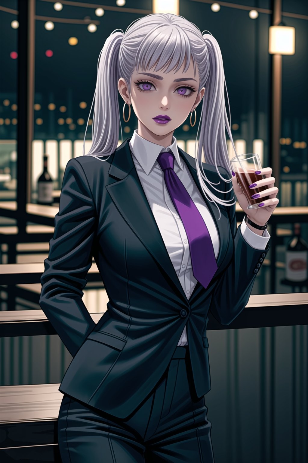 ((best quality)),  ((highly detailed)),  masterpiece,1girl, 1girl, (lips:1.3) (purple lips:1.4),pose:1.2, white shirt, suit, black jacket, black pants, black necktie, large breast, (hoop earrings:1.2), purple nails, looking at viewer, standing, cowboy shot, bar,outdoor,lamp,nigth,space, alcohol, purple nails, wristband,,noelle_silva, twintails, white hair, purple eyes,<lora:659111690174031528:1.0>