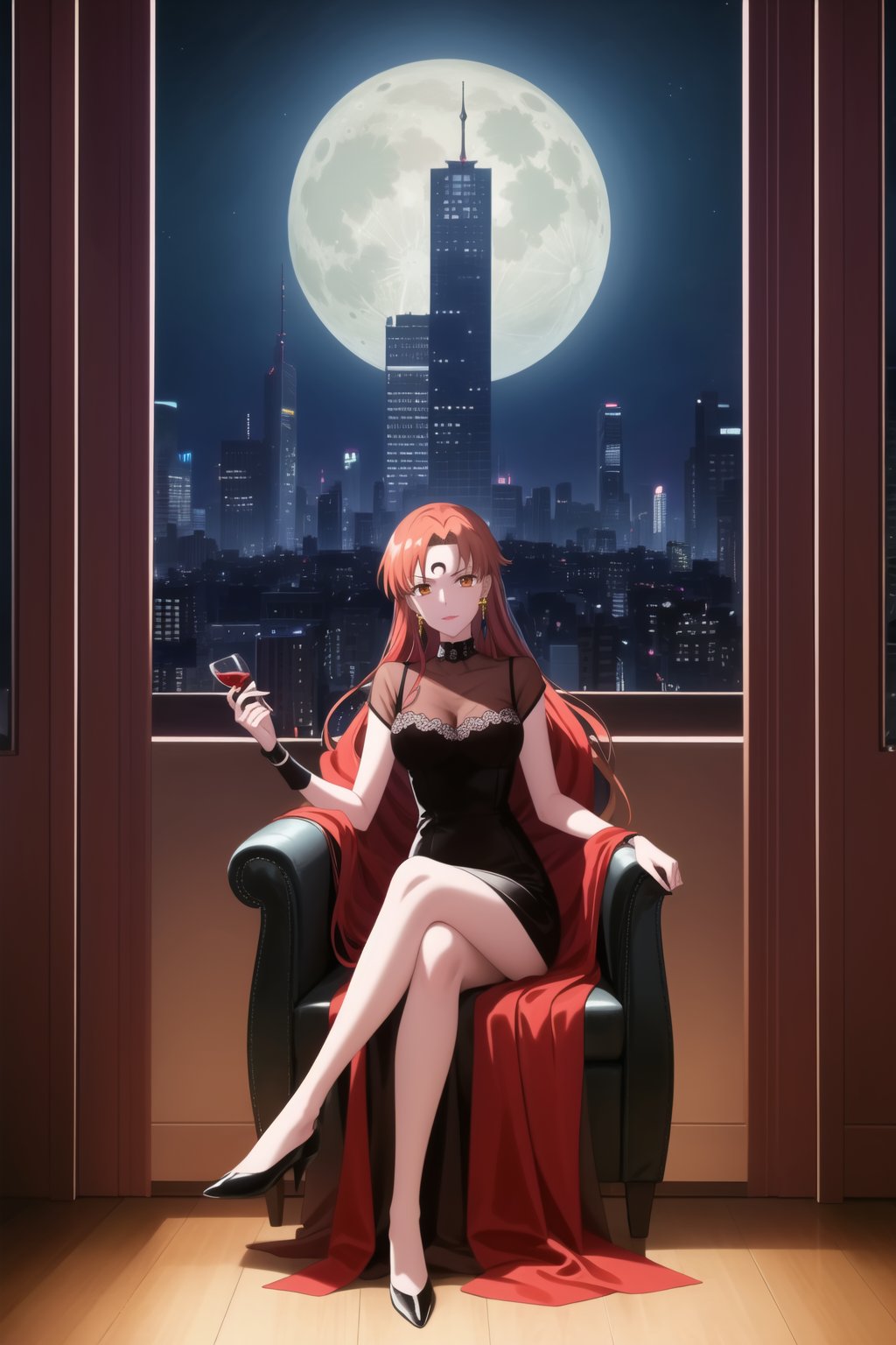 (best quality), (highly detailed), masterpiece, (official art),asuna yuuki, long hair, orange hair, red hair, brown eyes, looking at viewer,  dress, jewelry, see-through, facial mark, moon,  aged up, forehead mark, crescent facial mark, crystal earrings,  sitting
Modern luxury lounge with dim lighting, featuring sleek black leather sofas, glass tables, and soft ambient lighting from wall sconces. A large window in the background reveals a city skyline at night, adding a touch of sophistication to the scene,