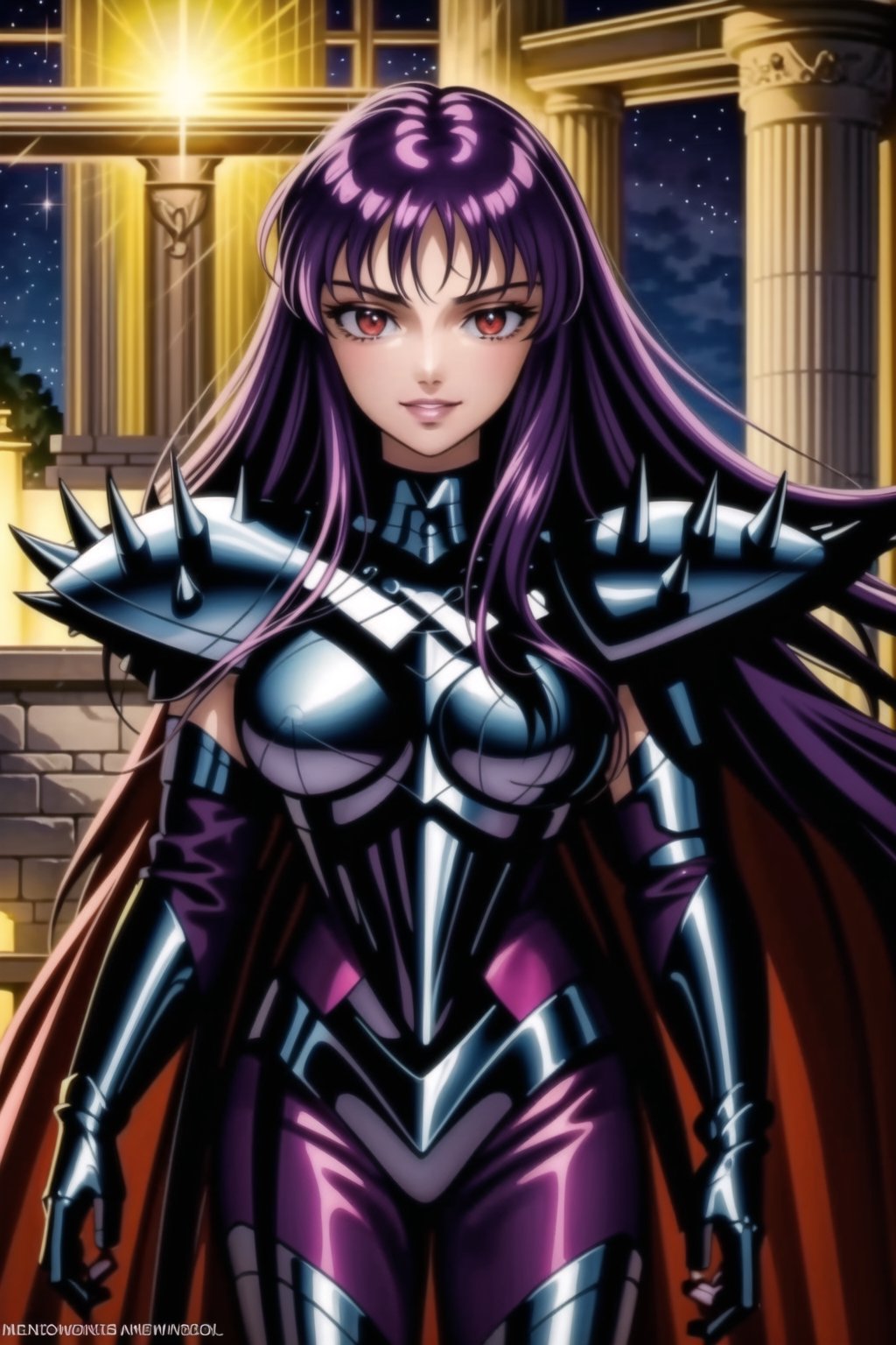 (best quality), (highly detailed), masterpiece, (official art), Saori, long hair, ((purple hair)), ((red eyes)), lips, (( evil smile)),((( black cape, nigth))),  ((black armor, bodysuit, shoulder armor, spikes, pauldrons, black bodysuit )), outdoors, temple, (intricately detailed, hyperdetailed), blurry background,depth of field, best quality, masterpiece, intricate details, tonemapping, sharp focus, hyper detailed, trending on Artstation,1 girl, solo,high res,official art,<lora:659111690174031528:1.0>