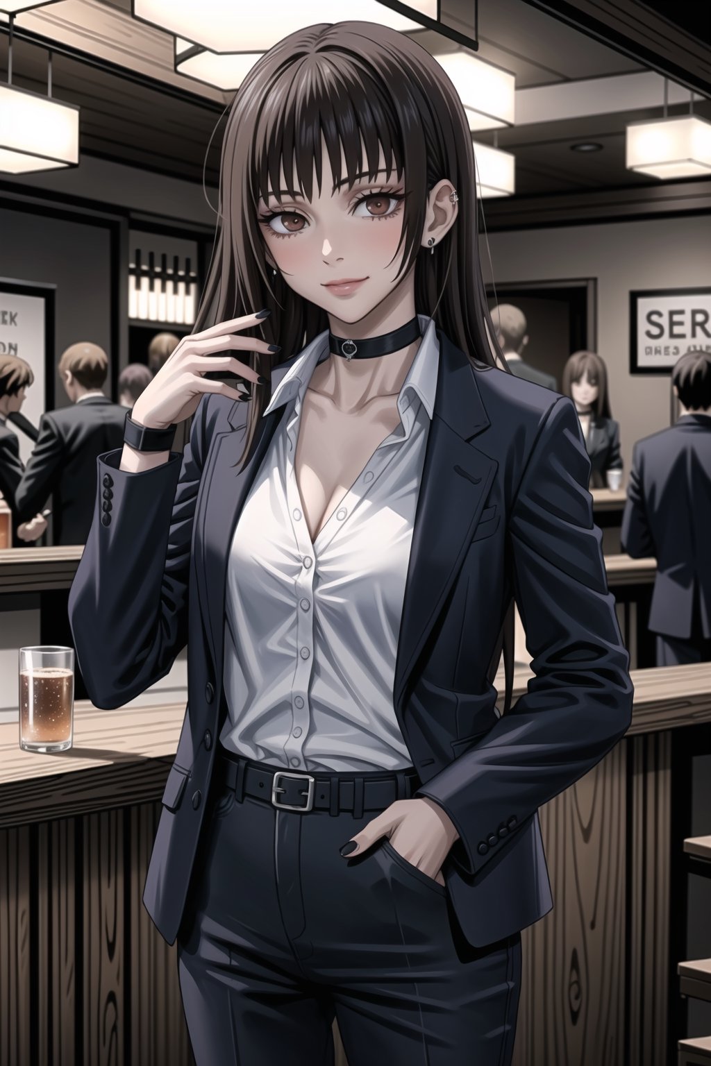 ((best quality)),  ((highly detailed)),  masterpiece,1girl, 1girl, (lips:1.2), seductive smile, smirk, naughty_face,nail polish, solo,   black pants,  formal,  black jacket,  open jacket,  (white shirt),  belt, ,  black jacket, (black suit),  long sleeves,  shirt tucked in,, (black choker), blush, earrings, black nails, looking at viewer, standing, cowboy shot, fingernails,  bar,outdoor,lamp,nigth,space, alcohol, sexy pose:1.2, purple nails, wristband ,Mimiko, (long hair:1.4), bangs, brown hair, brown eyes, bob cut,,,<lora:659111690174031528:1.0>