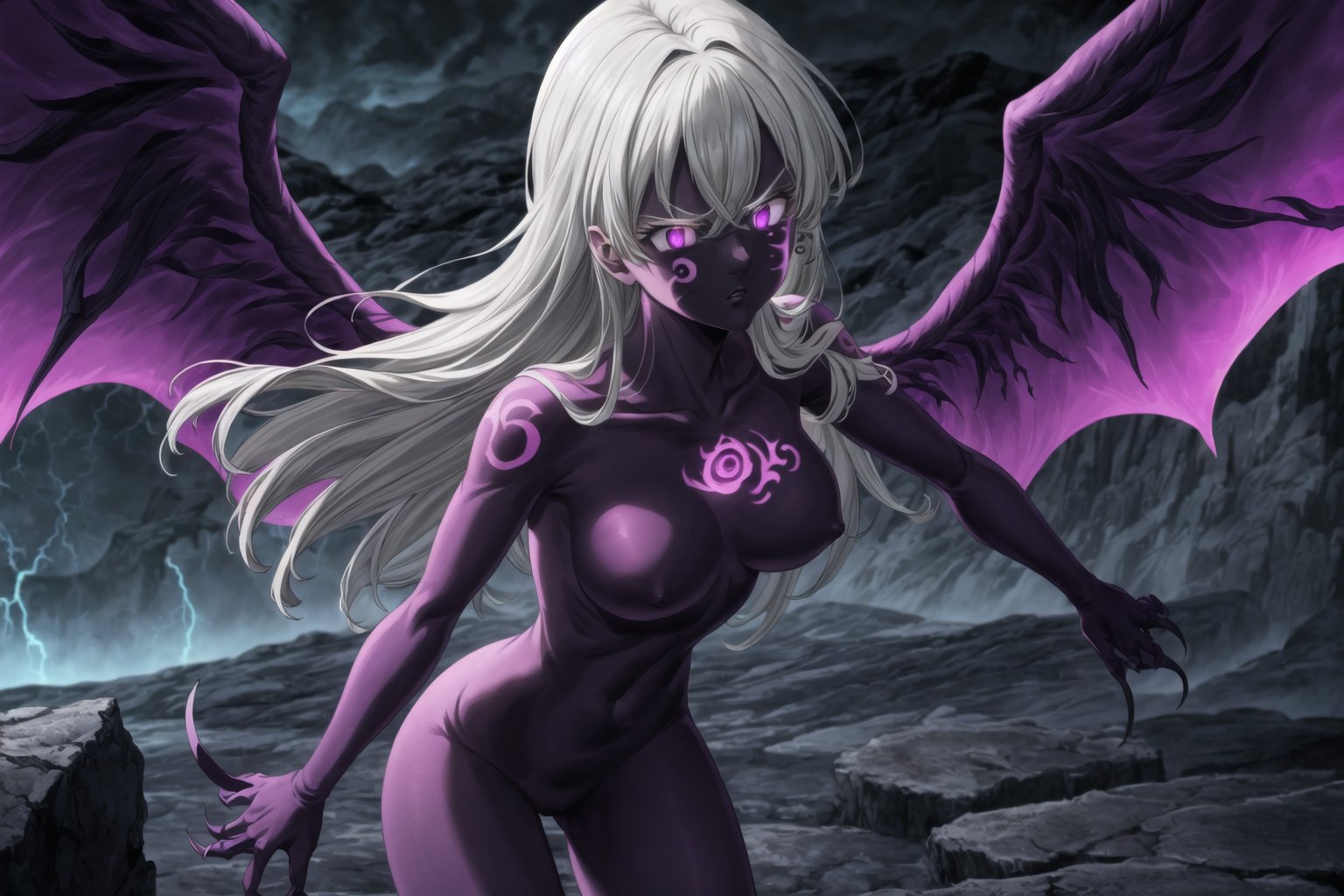 (tattoo,facial mark,aura,glowing,bodypaint,smoke,dark aura:1.2),1girl,long hair,medium breasts,black hair,angry,purple eyes,wings,claws,looking at viewer,nude,censored,armor,convenient censoring,Elizabeth, black hair, lips, ruler of hell, stands as a malevolent dictator, her long hair flowing like darkness itself, gradient from white to dark, framing her cold gaze. Her elaborate gown, adorned with sinister symbols and glowing red accents, reflects her dominance and cruelty. The background features a hellish landscape: rivers of lava, jagged rocks, tormented souls, and dark clouds with lightning. Eerie, red and black glows illuminate the scene, capturing the dark and oppressive atmosphere of her dominion.