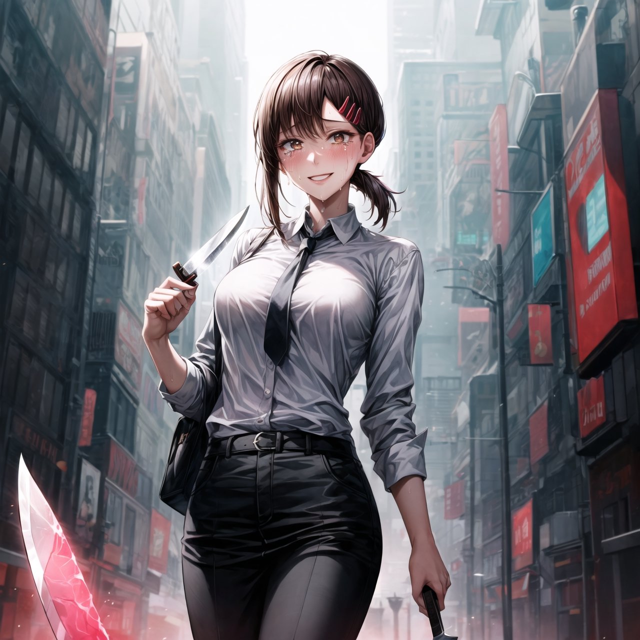 ((best quality)),  ((highly detailed)),  masterpiece,  ((official art)), 
1girl, solo, cute, brown eyes, black hair, swept bangs, single sidelock, red hairclip, lips, ((knife, holding knife)), pose:1.2, smile,sweating, crying, blushing, ,white collared shirt, black necktie, black pants, formal,cowboy shot,  (cyberpunk:1.2),  girl,  outdoors, dramatic reveal,  suspenseful,  urban environment,  mysterious ambiance,  dramatic lighting,  cinematic scene,  self-transformation,  supernatural,  otherworldly,  metamorphosis,  mystical,  mystical energy,  power awakening.,  intricately detailed,  hyperdetailed,  blurry background, depth of field,  best quality,  masterpiece,  intricate details,  tonemapping,  sharp focus,  hyper detailed,  trending on Artstation, 1 girl,  high res,  official art,kobeni higashiyama,Kobeni 