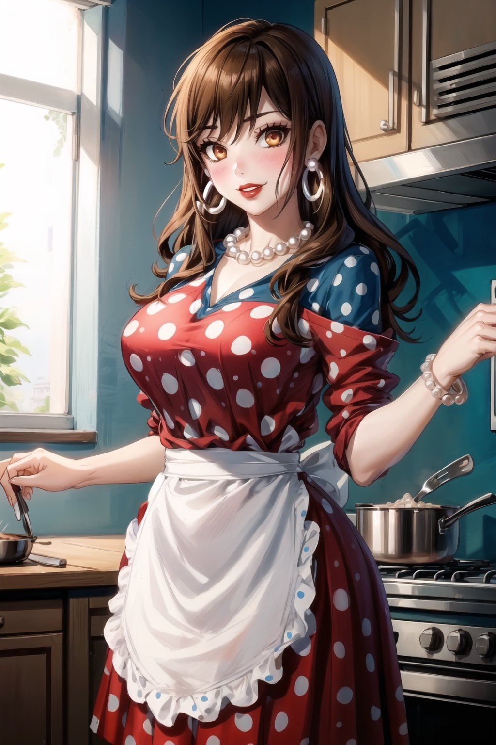 ((best quality)),  ((highly detailed)),  masterpiece,1girl, 1girl,  evil smile:1.2, smug, seductive smile, solo,   (Stepford),lips, makeup, lipstick,red lips, (pose:1.3),(polka dot:1.4), (polka dot dress:1.4),(pearl necklace:1.2), pearl bracelet, bare shoulders,(red dress:1.2),(aroused), blush ,standing,  (large pearl necklace), (hoop earrings:1.2),  (apron), blush,fingernails, kitchen, cooking, indoors, house, windows, cortain, food, hori kyouko, brown hair, orange eyes