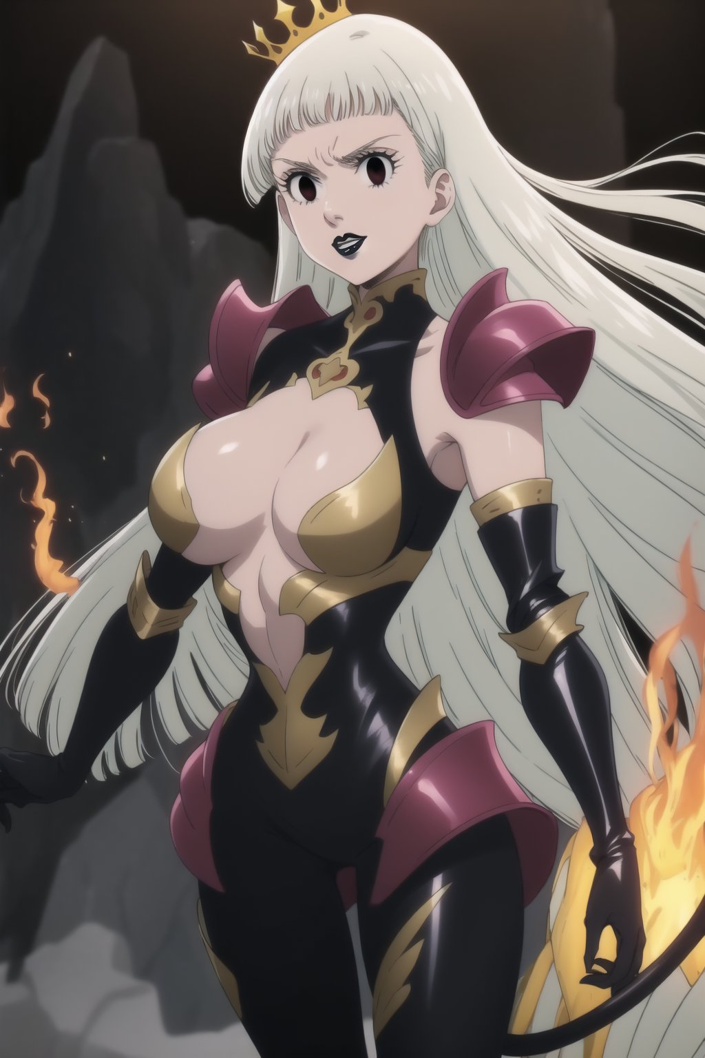 (best quality), (highly detailed), masterpiece, (official art), (Elizabeth, black hair, blunt bangs, long hair):1.2, facial mark, black lips:1.4, makeup:1.2, black eyes:1.2, black latex battle armor with intricate demon runes, high-heeled latex boots, latex gauntlets, dark crystal crown, standing in the midst of a demonic battlefield, flames and lava surrounding her, her expression fierce and ruthless, solo female, large breasts, cowboy shot, looking at viewer, perfect face, realistic body, high-definition quality, powerful and intimidating, demon princess warrior, b1mb0,