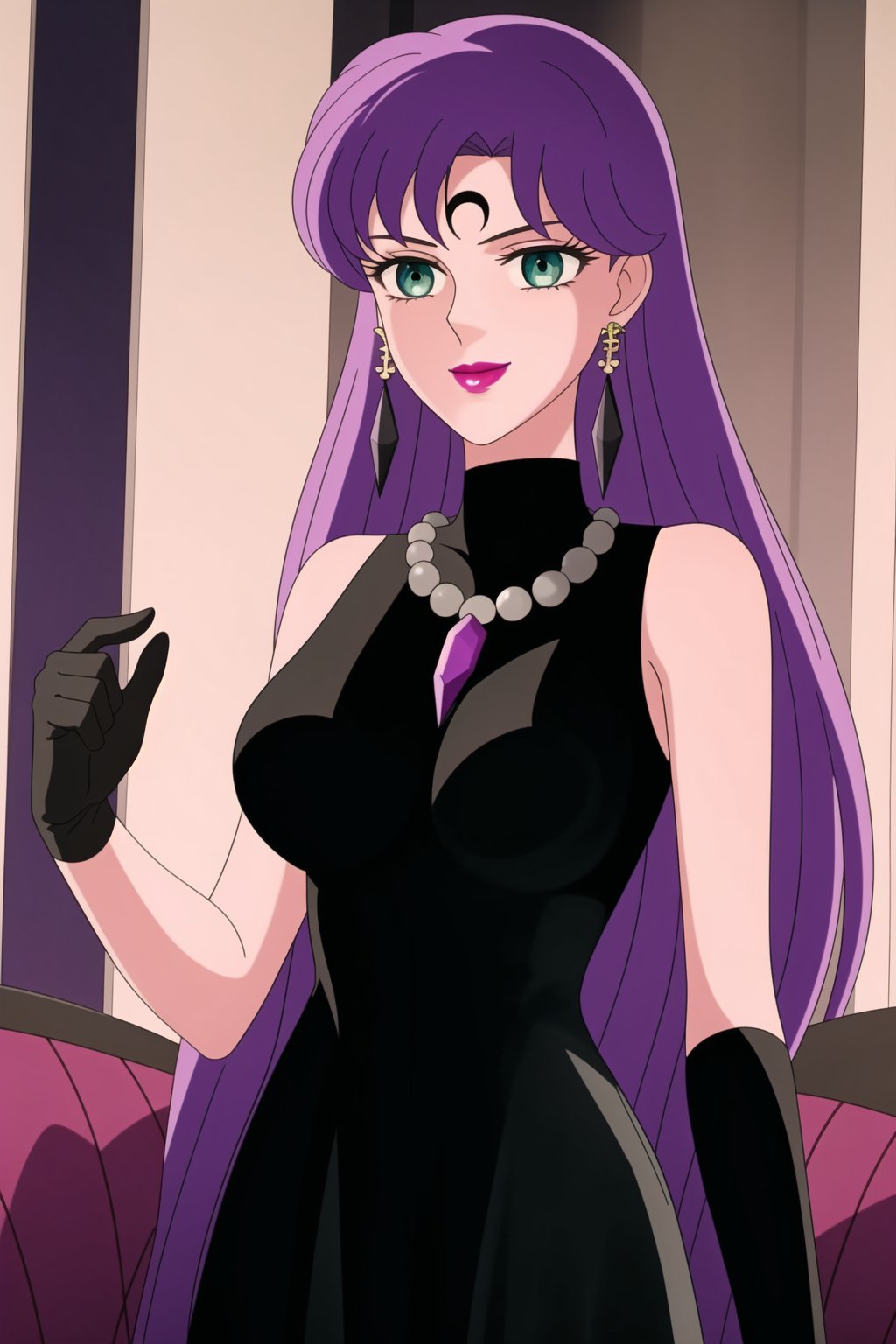 (best quality), (highly detailed), masterpiece, (official art),Saori Kido, long purple hair. blue eyes, bangs, lips, smile, lipstick, makeup,
((Forehead mark, crescent facial mark, black crystal earrings, jewelry)).  Dark  dress, black latex, black sleeveless dress, turtleneck_dress, short dress, elbow gloves, green gloves, thighhighs, large necklace, ((gemstone necklace:1.2)), standing,
Modern luxury lounge with dim lighting, featuring sleek black leather sofas, glass tables, and soft ambient lighting from wall sconces. A large window in the background reveals a city skyline at night, adding a touch of sophistication to the scene