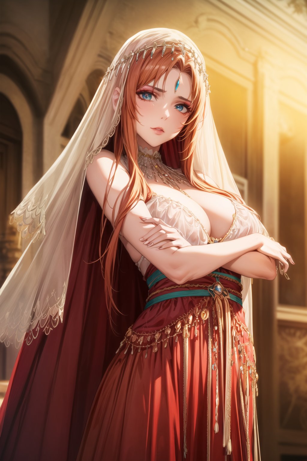 ((best quality)), ((highly detailed)), masterpiece, ((official art)), detailed face, beautiful face, (detailed eyes, deep eyes), seductive posing, (cowboy shot),asuna yuuki, long hair, brown hair, orange hair, red hair, empty eyes:1.2,,((veil, transparent,Veil)) v3il, face veil, (forehead jewel opal), crystal head veil, (cowboy shot), eyeliner, eyeshadow, makeup, ,ethereal nightgown, (sash), (cowboy shot), grand hall, . shallow depth of field, vignette, highly detailed, high budget, bokeh, cinemascope, moody, epic, gorgeous, film grain, grainy,jyojifuku,asuna yuuki, veil, see-through