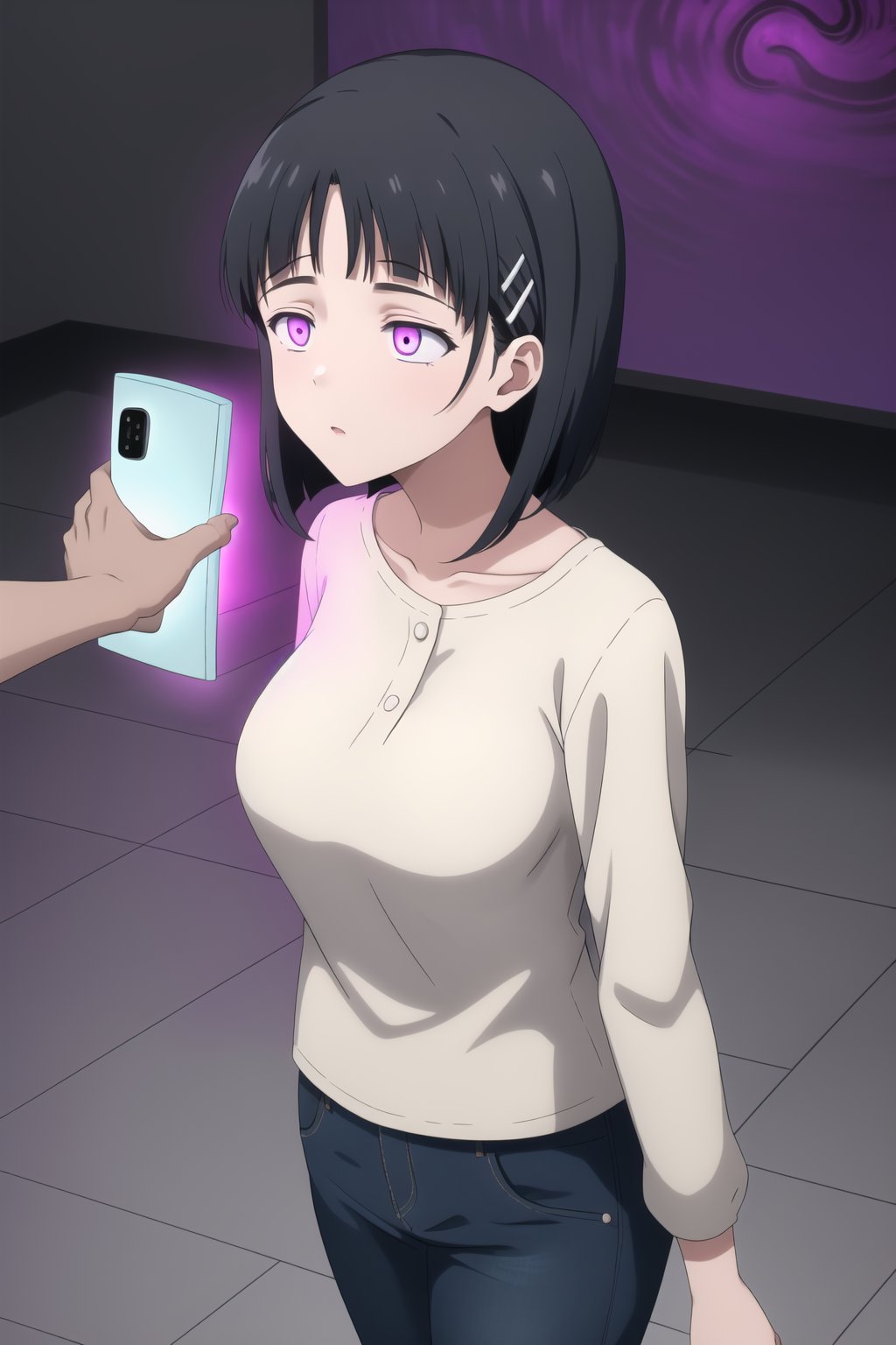 ((best quality)),  masterpiece, dynamic angle, suguha, Bob cut, short hair, black hair, hair clip,   (backPhone:1.4), (1girl, holding phone, pink glowing, mind control, hypnosis,empty eyes), ,Anime illustration, close-up of a woman, standing, completely hypnotized, in a trance. Wearing a casual outfit with a white blouse and blue jeans, eyes wide open with swirling patterns, expression blank and unresponsive, arms hanging limply at her sides. Background is a dark room with a glowing, spiraling hypnotic pattern on a large screen behind her, casting an eerie light. The room is dimly lit with shadows, creating a mysterious and unsettling atmosphere. Subtle fog effects on the floor, adding to the surreal ambiance.,empty eyes