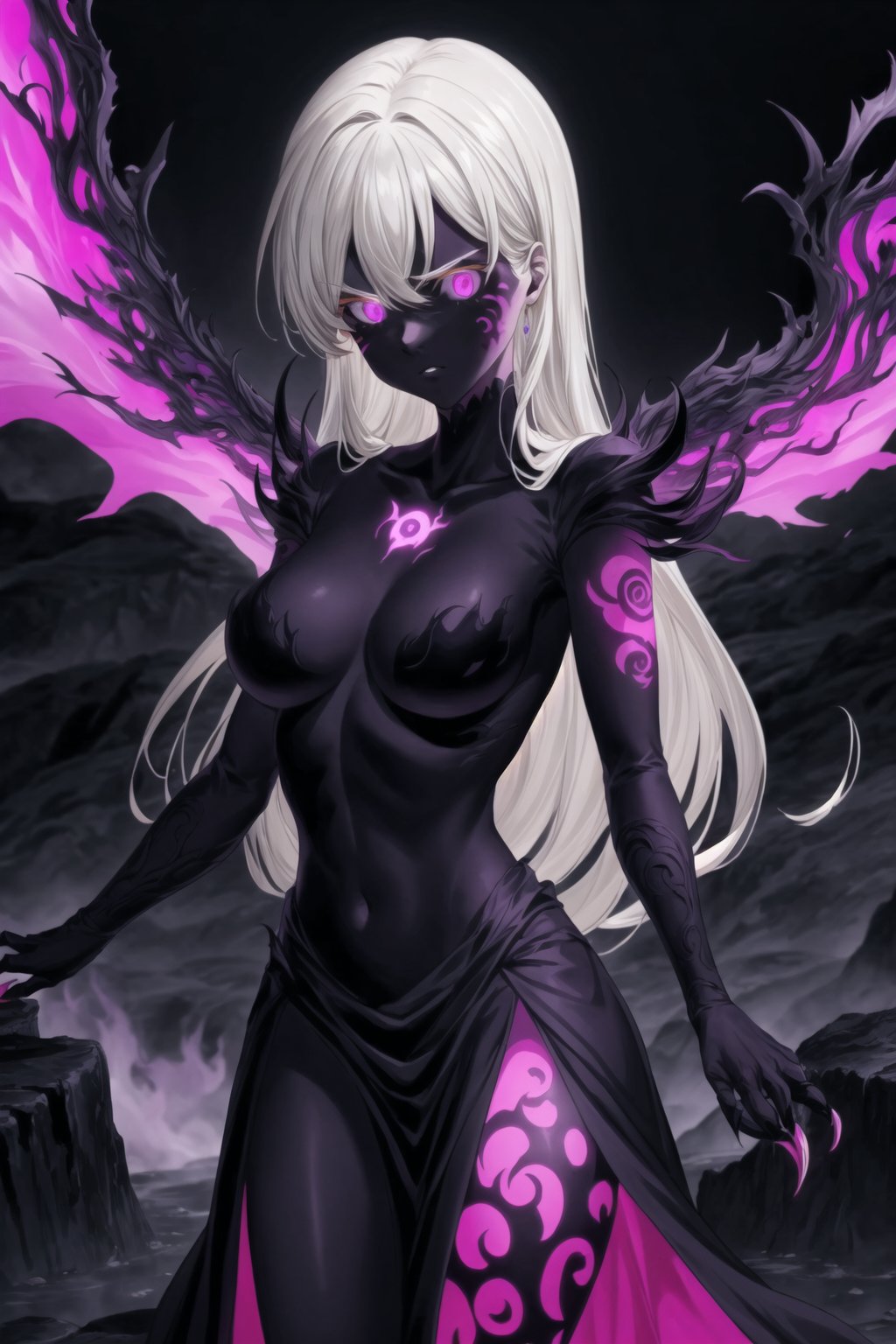 monochrome,greyscale,(tattoo,facial mark,aura,glowing,bodypaint,smoke,dark aura:1.2),1girl,long hair,medium breasts,black hair,angry,purple eyes,wings,claws,looking at viewer,nude,censored,armor,convenient censoring,Elizabeth, black hair, lips, ruler of hell, stands as a malevolent dictator, her long hair flowing like darkness itself, gradient from white to dark, framing her cold gaze. Her elaborate gown, adorned with sinister symbols and glowing red accents, reflects her dominance and cruelty. The background features a hellish landscape: rivers of lava, jagged rocks, tormented souls, and dark clouds with lightning. Eerie, red and black glows illuminate the scene, capturing the dark and oppressive atmosphere of her dominion.