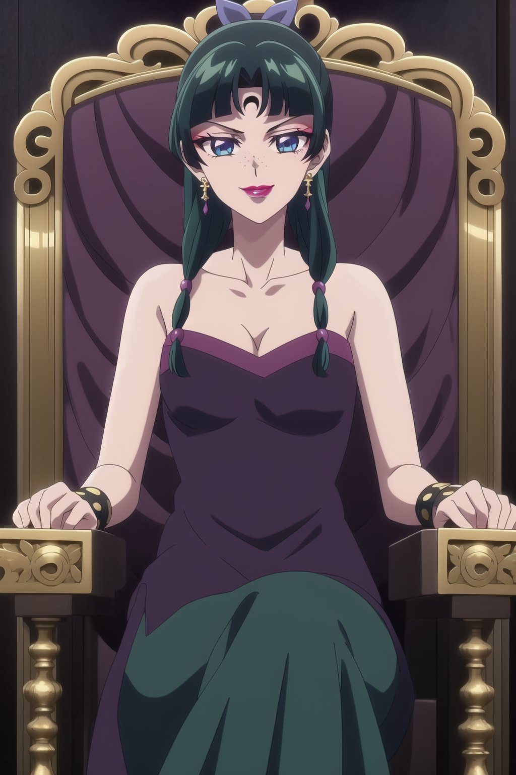 (best quality), (highly detailed), masterpiece, (official art), maomao,1girl,blunt bangs,green hair,blue eyes,sidelocks,twin braids,hair over shoulder,hair beads,half updo,single hair bun,hair ribbon,freckles, forehead mark, crescent facial mark, black crystal earrings, aged up, evil smile, lips, lipstick, posing, anime coloring, skirt, black hair, cleavage, jewelry, medium breasts, earrings, sleeveless, black eyes, makeup, lipstick, forehead mark, purple lips, pearl (gemstone), tomoe hotaru,,  sitting, throne,