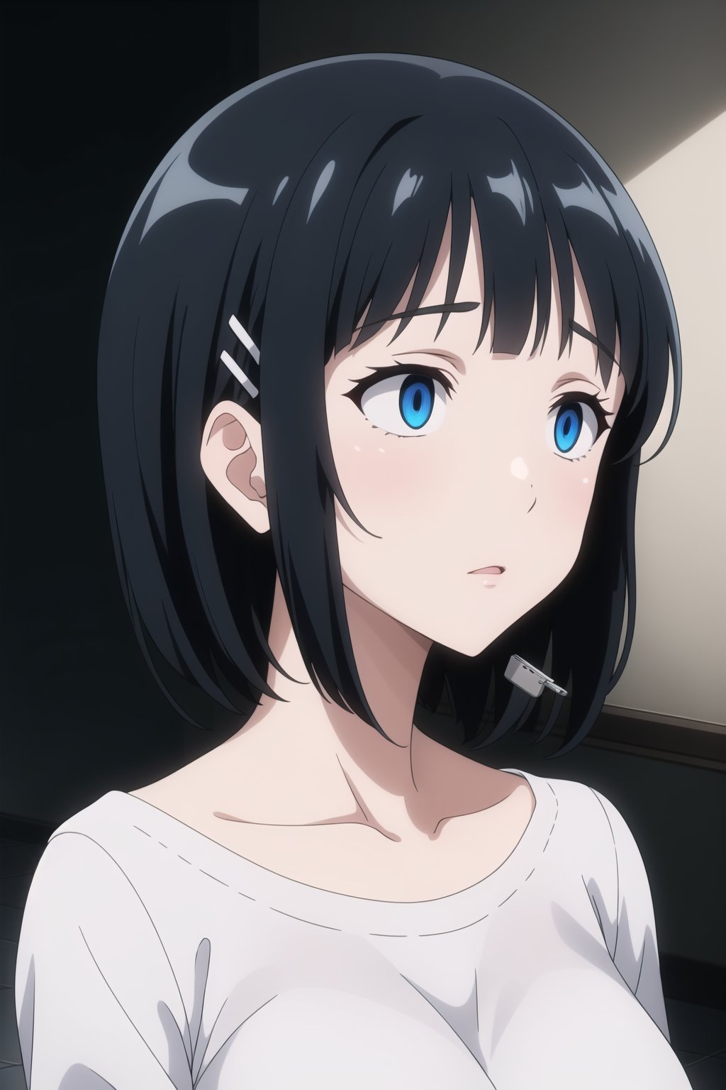 ((best quality)),  masterpiece, dynamic angle, (microchip), suguha, Bob cut, short hair, black hair, hair clip,  Anime illustration, close-up of a woman, standing, completely hypnotized, in a trance. Wearing a casual outfit with a white blouse and blue jeans, eyes wide open with swirling patterns, expression blank and unresponsive, arms hanging limply at her sides. Background is a dark room with a glowing, spiraling hypnotic pattern on a large screen behind her, casting an eerie light. The room is dimly lit with shadows, creating a mysterious and unsettling atmosphere. Subtle fog effects on the floor, adding to the surreal ambiance.,empty eyes