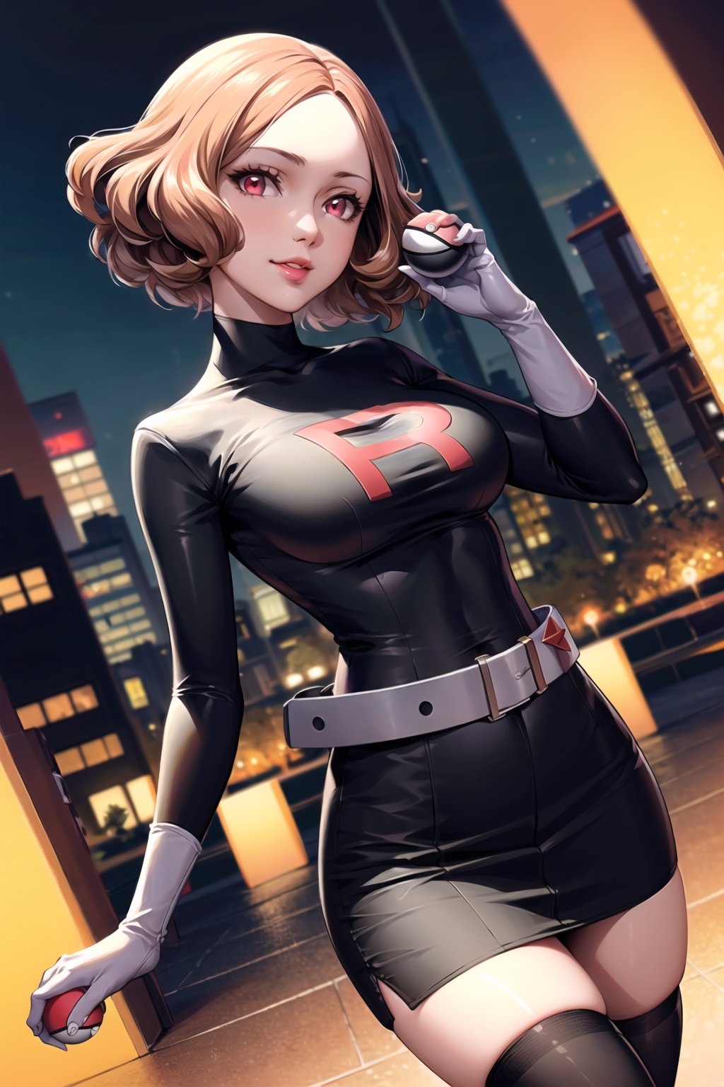 (best quality), (highly detailed), masterpiece, (official art), (dutch angle:1.2),(dsharu, brown hair, short hair), red eyes, lips, ( evil smile), lips, poke ball, poke ball (basic), holding poke ball, Grunt Team Rocket, dress, black dress, long sleeves, gloves, elbow gloves, grey belt,pencil skirt, Black thighhighs , looking at viewer, china, asiática, city, night, sky, (intricately detailed, hyperdetailed), blurry background,depth of field, best quality, masterpiece, intricate details, tonemapping, sharp focus, hyper detailed, trending on Artstation,1 girl, high res, official art