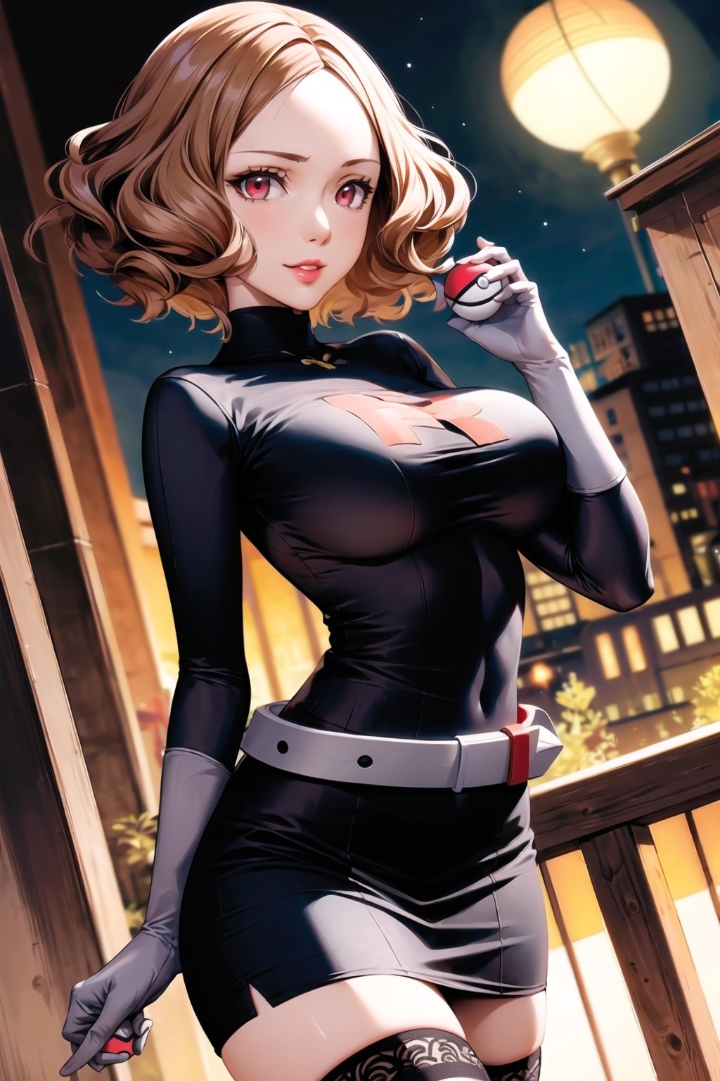 (best quality), (highly detailed), masterpiece, (official art), (dutch angle:1.2),(dsharu, brown hair, short hair), red eyes, lips, ( evil smile), lips, poke ball, poke ball (basic), holding poke ball, Grunt Team Rocket, dress, black dress, long sleeves, gloves, elbow gloves, grey belt,pencil skirt, Black thighhighs , looking at viewer, china, asiática, city, night, sky, (intricately detailed, hyperdetailed), blurry background,depth of field, best quality, masterpiece, intricate details, tonemapping, sharp focus, hyper detailed, trending on Artstation,1 girl, high res, official art