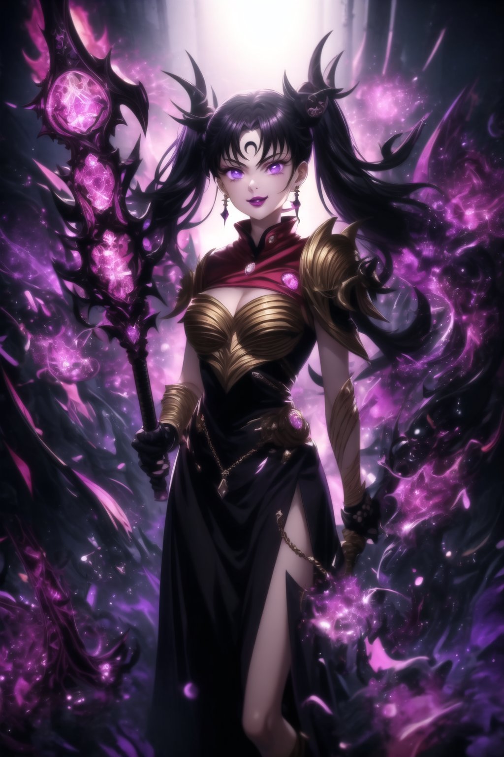 ((lips,purple lips,lipstick,makeup)), ((crescent face mark, Crystal black earrings)),closed mouth,smile, Diane, twintails black hair,hair_scrunchie ,lips, ruler of hell, stands as a malevolent dictator, gradient from white to dark, framing her cold gaze. Her elaborate gown, adorned with sinister symbols and glowing red accents, reflects her dominance and cruelty. The background features a hellish landscape: rivers of lava, jagged rocks, tormented souls, and dark clouds with lightning. Eerie, red and black glows illuminate the scene, capturing the dark and oppressive atmosphere of her dominion. Armor, black wings, mace, holding mace, demon horn,GFX