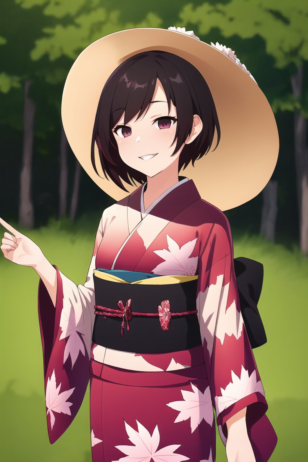 ((best quality)), ((highly detailed)), masterpiece, 1 girl, ruby rose, short hair, BREAK, grin, smirk, kimono, momiji, maple_leaves, japanese maple tree, minimalism, (cowboy shot:1.2), standing, , intricately detailed, hyperdetailed, blurry background, depth of field, best quality, masterpiece, intricate details, tonemapping, sharp focus, hyper detailed, trending on Artstation, 1 girl, high res, official art,