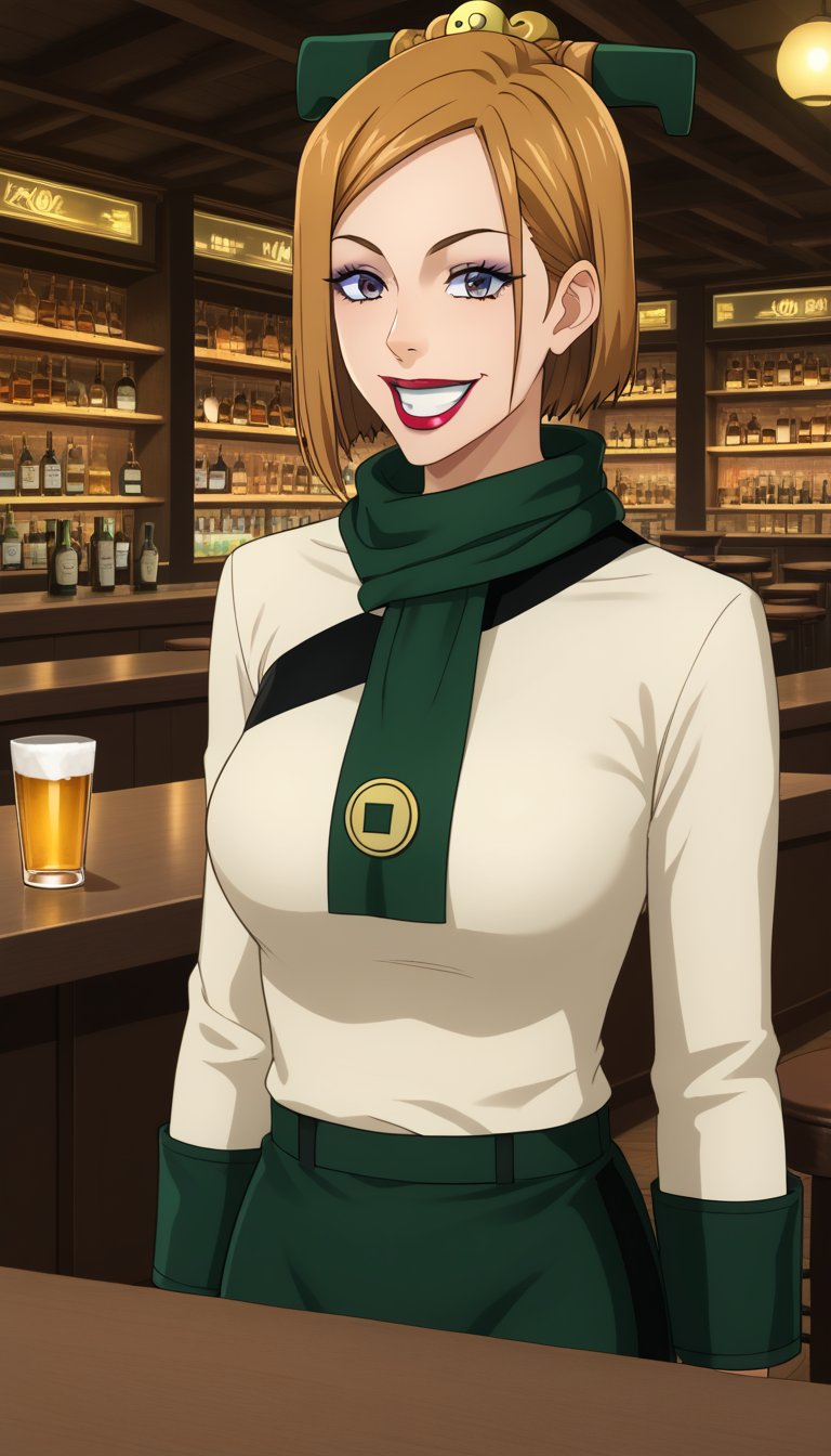 score_9, score_8_up, score_7_up, intricate details,1girl,  closed mouth, lips joo dee, scarf, hair ornament:1.3, holding tray:1.2, tray, alcohol, dutch angle, bar, cowboy shot:1.2, bar, table, customers, kugisaki nobara, brown hair,smile, open mouth, grin, makeup, lipstick, eyeshadow, hair ornament