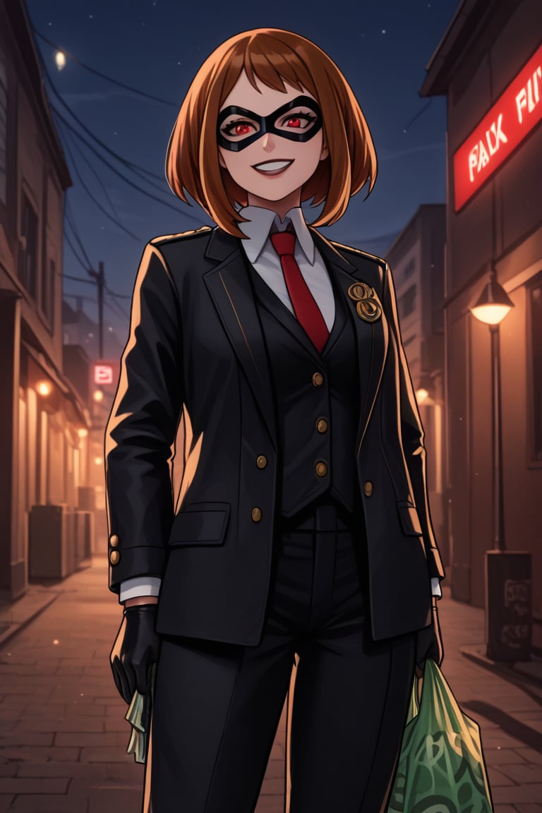 score_9, score_8_up, score_7_up, intricate details,1girl, malicious expression, sadistic grin, villainous attitude,lips, black lips, grin, red eyes, smirk, evil smile,1girl, Ochako Uraraka, black hair with red tips, bank heist, villain outfit, black leather suit, holding bag of money, holding handgun, gun, handgun, bank robbery, levitating money bags, vault door open, thief outfit, loose black jacket, cargo pants, wearing a domino mask, carrying a large money bag, exiting a bank vault, broken safe in the background, dark gloves, quick getaway, alarm lights flashing, dimly lit scene, red emergency lighting, cautious posture, money spilling from bag, night-time heist, dark alley, tense atmosphere,(ncursioDipDyedHair,red IncursioDipDyedHair