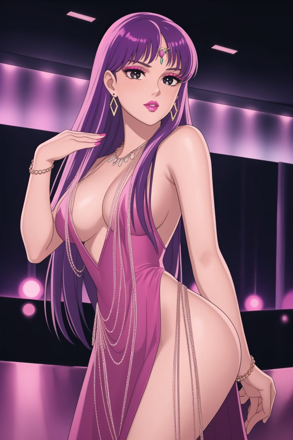 (best quality), (highly detailed), masterpiece, (official art),  ,(Saori,purple hair,long hair):1.2, lips:1.2, makeup:1.2, lipstick:1.2,  makeup, pink eyes, dancing:1.4, dance:1.2, dancer:1.3, posing, Earrings, gem earring:1.2,black_earrings, lips:1.2, black eyes:1.2, ,lips, cowboy shot, large breast, (/nightclub scene, neon lights)), , club, (nigth club), ,hd quality, perfect face ,realistic, realistic body , perfect face sync,night club,,marinette,night club,b1mb0,v3il:1.3, (forehead jewel gem):1.3