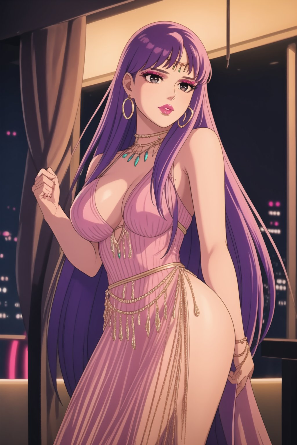 (best quality), (highly detailed), masterpiece, (official art),  ,(Saori,purple hair,long hair):1.2, lips:1.2, makeup:1.2, lipstick:1.2,  makeup, pink eyes, dancing:1.4, dance:1.2, dancer:1.3, posing, Earrings, gem earring:1.2,black_earrings, lips:1.2, black eyes:1.2, ,lips, cowboy shot, large breast, (/nightclub scene, neon lights)), , club, (nigth club), ,hd quality, perfect face ,realistic, realistic body , perfect face sync,night club,,marinette,night club,b1mb0,v3il:1.3, (forehead jewel gem):1.3