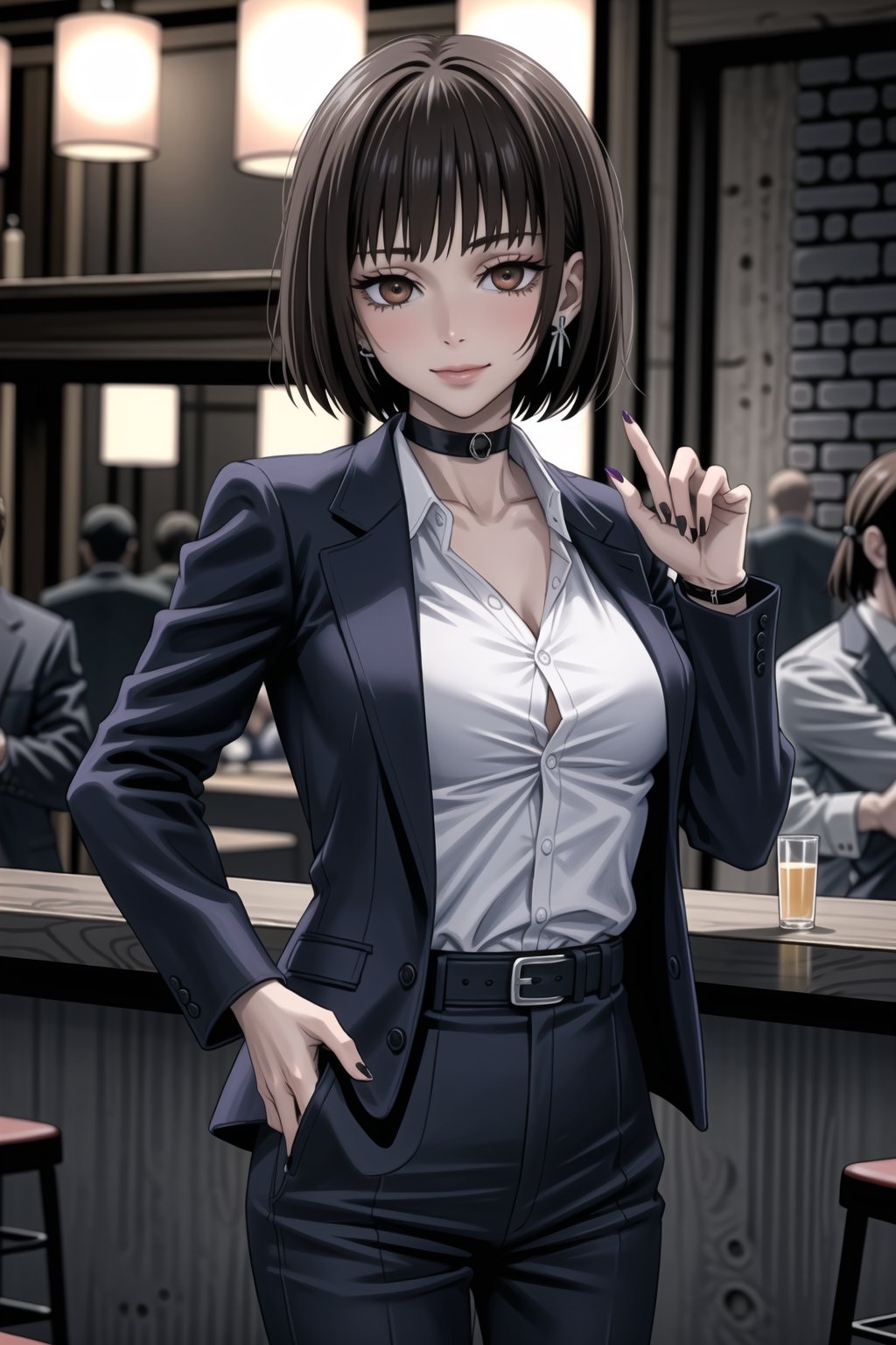 ((best quality)),  ((highly detailed)),  masterpiece,1girl, 1girl, (lips:1.2), seductive smile, smirk, naughty_face,nail polish, solo,   black pants,  formal,  black jacket,  open jacket,  (white shirt),  belt, ,  black jacket, (black suit),  long sleeves,  shirt tucked in,, (black choker), blush, earrings, black nails, looking at viewer, standing, cowboy shot, fingernails,  bar,outdoor,lamp,nigth,space, alcohol, sexy pose:1.2, purple nails, wristband ,Mimiko, long hair:1.2, bangs, brown hair, brown eyes, bob cut,,<lora:659111690174031528:1.0>