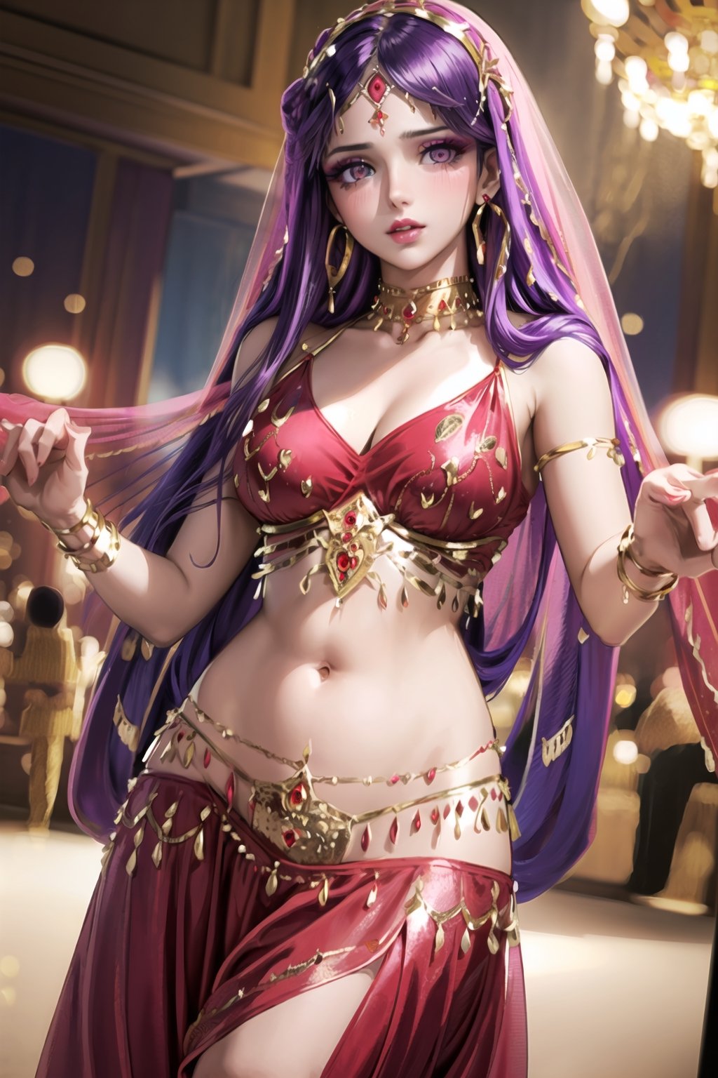 ((best quality)),  ((highly detailed)),  masterpiece,1girl, 1girl, expressionless, ( lips), makeup ,red lips, (dance pose:1.3), ((belly dance, belly dance clothes)), ((red clothes)), provocative look, nightclub scene, neon lights, belly dance,(aroused), blush ,standing, ((makeup:1.2)), (((jewlery))),(earrings:1.2), blush,, looking at viewer, standing, slave, ballroom slave  market,(dutch angle), Saori, long hair, purple hair, (pink eyes),(((wearing belly dance dress,face_veil))),jyojifuku, ((empty eyes))