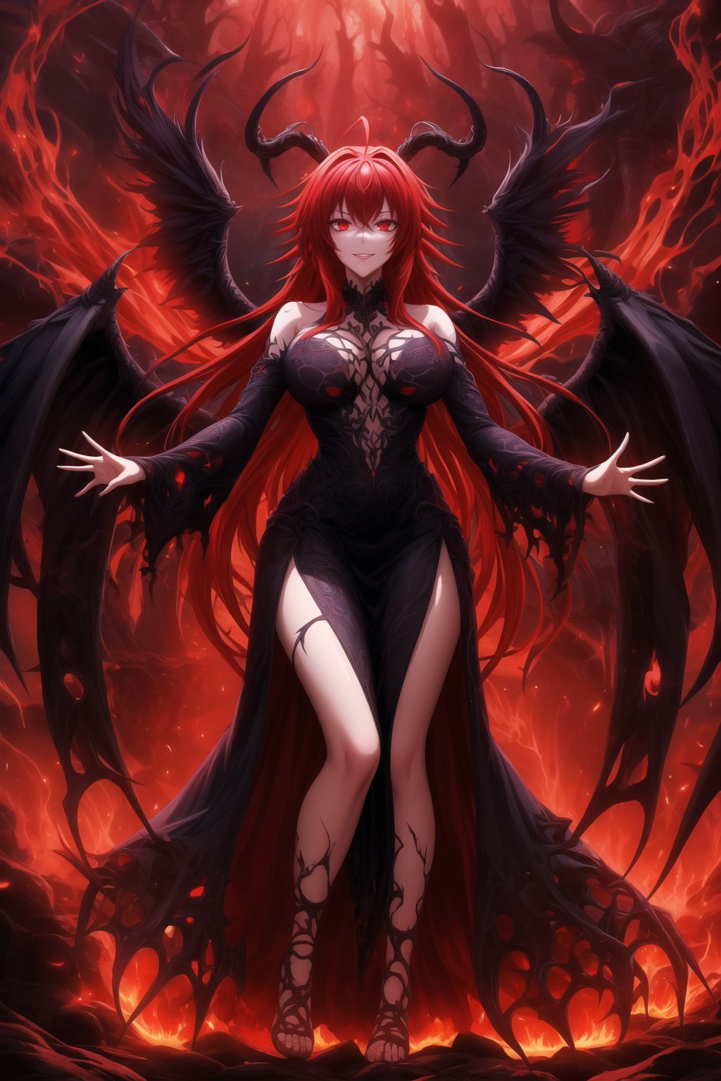 (best quality), (highly detailed), masterpiece, (official art), Rias Gremory as a malevole demon , lips evil smile, with long flowing red hair and a delicate ahoge, darkness black wings spread wide behind her. She is wearing a intricatr, elegant black gown that flows gracefully around her, softly billowing as she floats in the hell. Rias stands with her arms,as if welcoming you with a violento and demonic presence, her red eyes. Rays of dark light shine down from the heavens, illuminating her figure, while she hovers among soft, glowing fire. The hell with red rays breaking through, creating atmosphere. Her wings emit a darkness, ethereal light, adding to her demonic presence.,demonictech,bio,organic,veins,DonMD3m0nV31ns